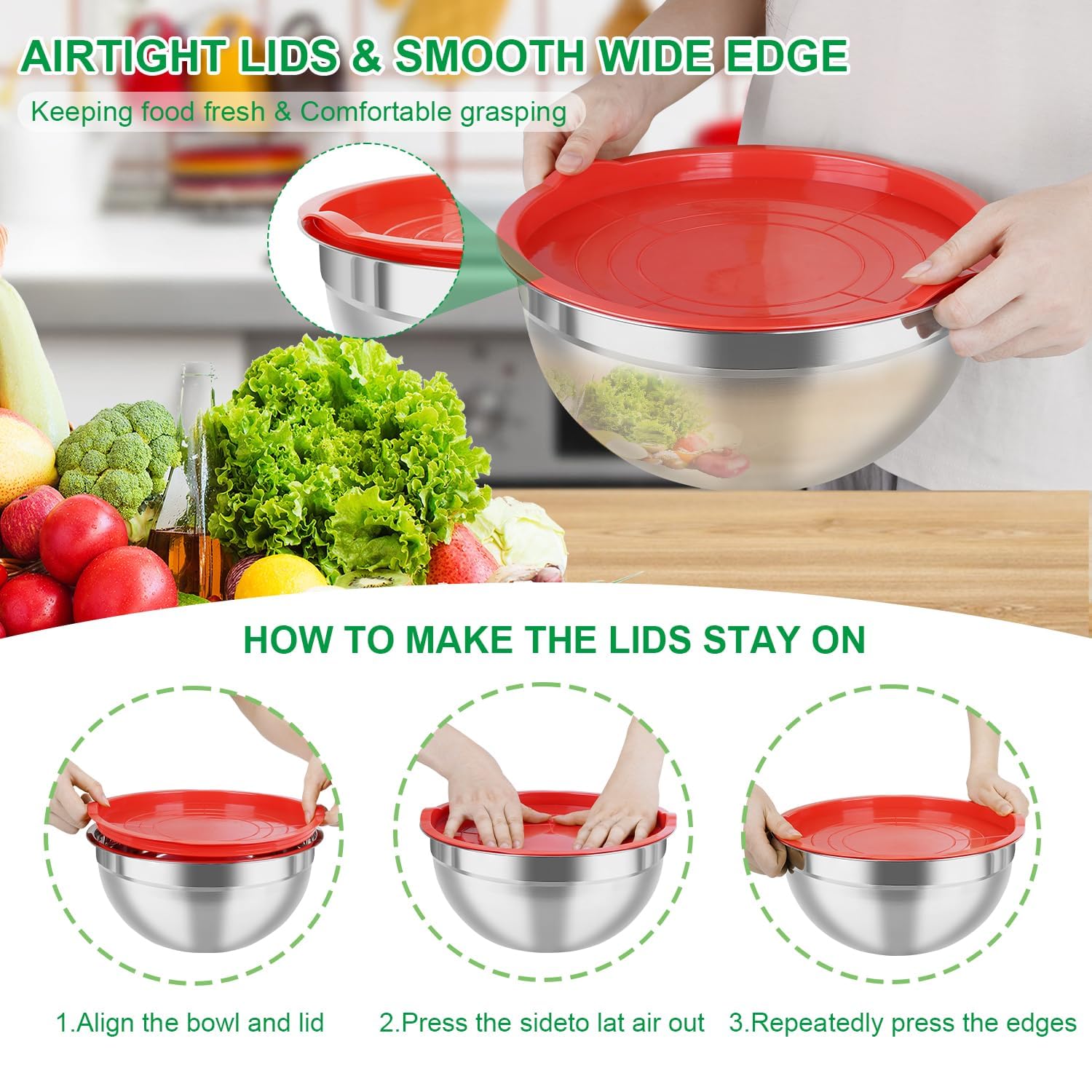 Premium Stainless Steel Mixing Bowls Set with Airtight Lids (5.5QT,4.2QT,3.5QT,2.5QT,1.5QT,1QT) - 21-Piece Nesting Kitchen Bowls for Baking, Cooking & Food Prep - Includes 3 Grater Attachments & Colorful Lids - Perfect for Meal Prep, Mixing Ingredients & Storing Leftovers