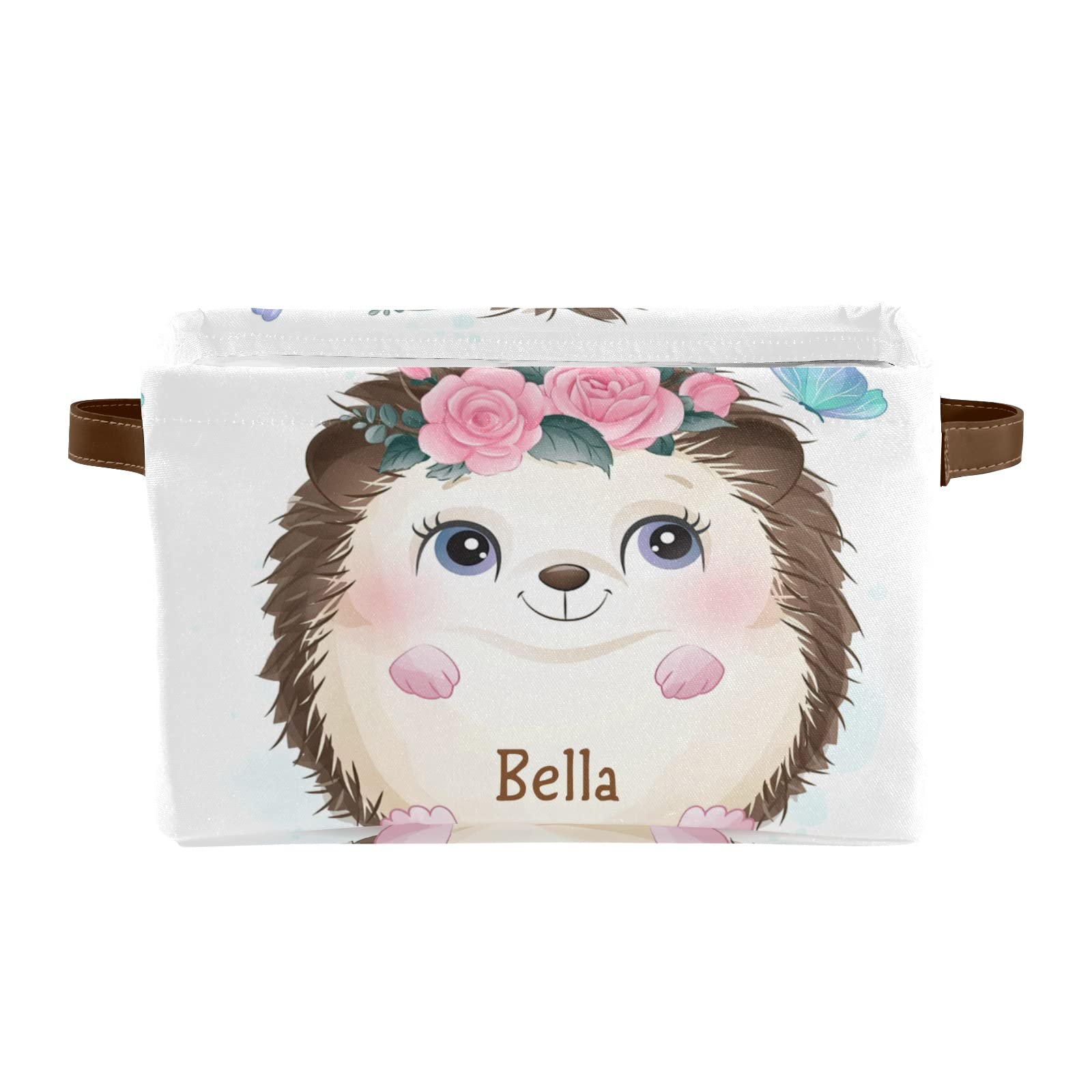 Personalized Watercolor Hedgehog Flower Storage Basket with Custom Name - Rectangular Home & Kitchen Organizer Bin (4 Pack) - Perfect for Nursery, Bathroom, Office & Gift Giving