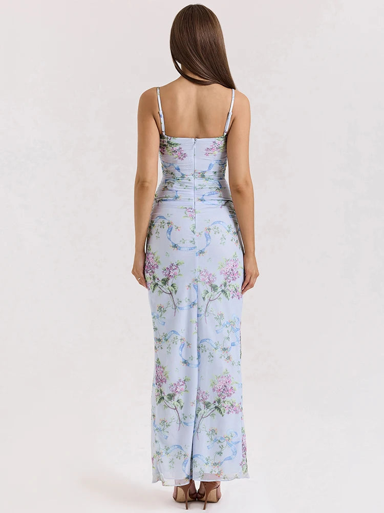 Blue Floral Print Mesh Maxi Dress for Women - Sleeveless Spaghetti Strap Backless Long Gown with Side Slit & Zipper | Perfect for Club Parties, Beach Vacations & Summer Evening Events