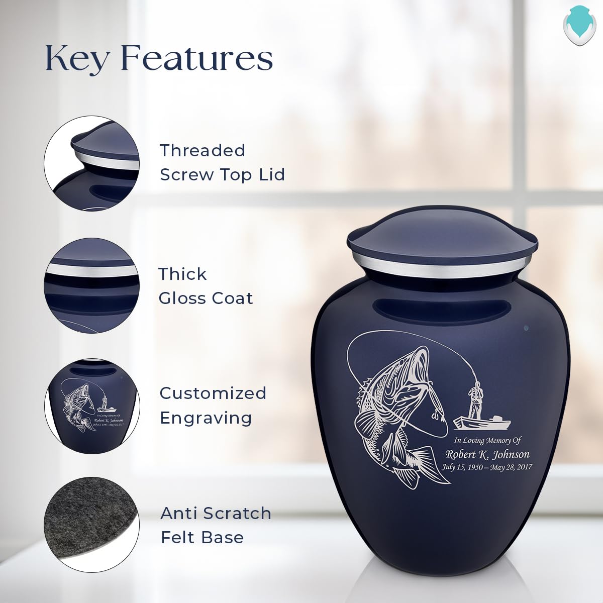 Personalized Fishing Cremation Urn for Human Ashes - Large Cobalt Blue Funeral Urn for Adults with Double Side Engraving - Holds Up to 200 lbs - Perfect for Memorial Services & Home Display