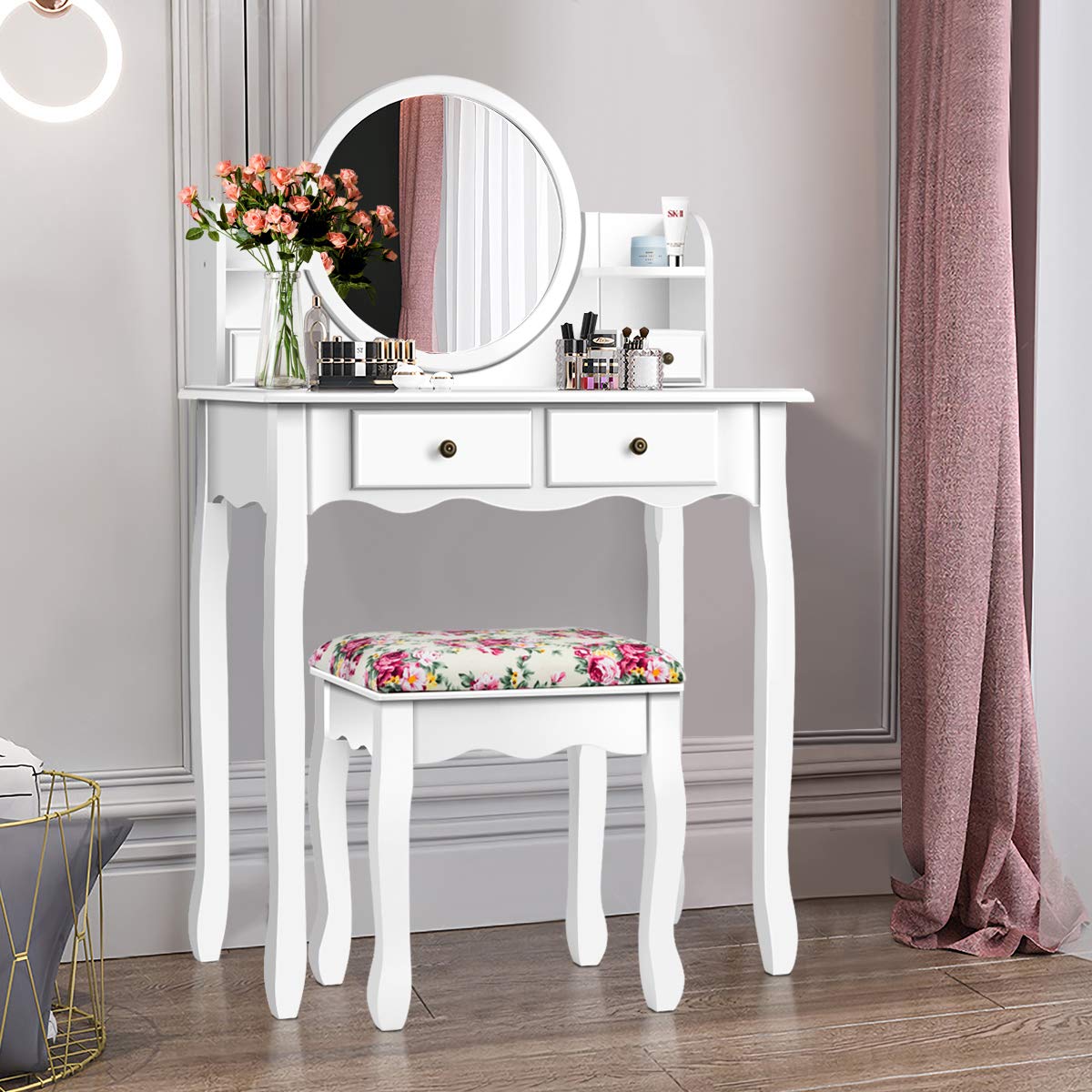 Charmaid Vanity Set with 4 Storage Shelves & 4 Drawers, Makeup Dressing Table with 360° Swivel Mirror, Cosmetic Organizers & Cushioned Stool - White Vanity Desk for Women & Girls | Perfect for Bedroom, Bathroom & Dressing Room Organization