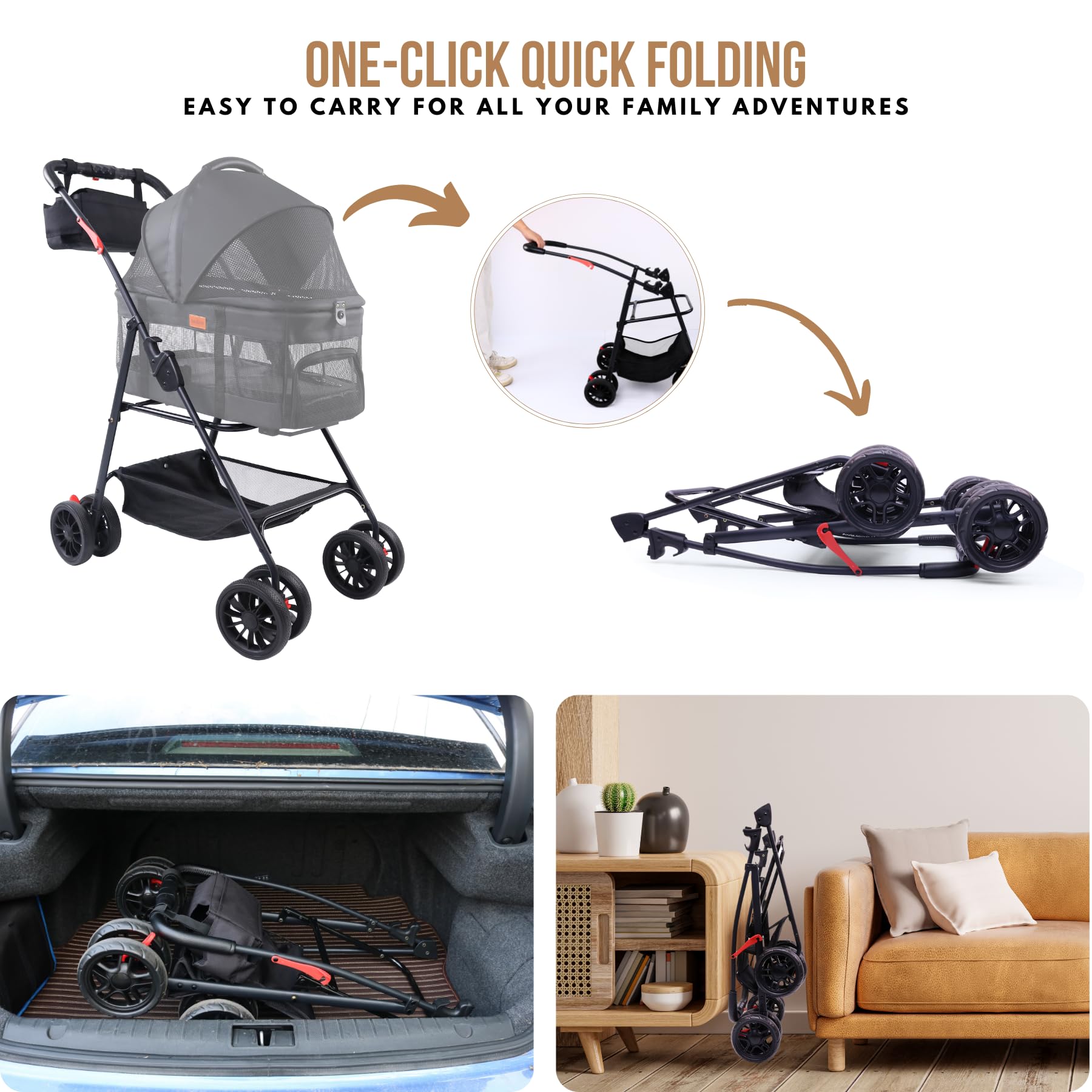 Premium Pet Stroller for Small Dogs & Cats - 3-in-1 Convertible Carrier with Detachable Seat, 33 lbs Capacity, Foldable & Portable Design - Perfect for Travel, Vet Visits, and Outdoor Adventures