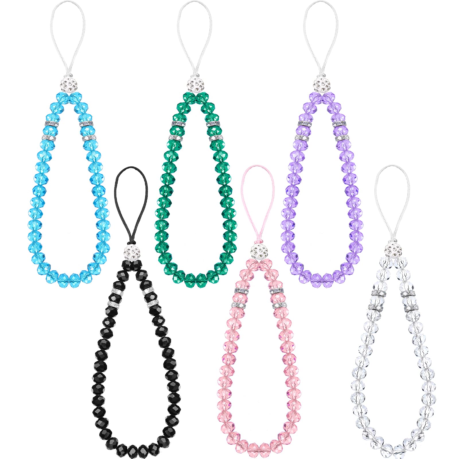 6Pcs Beaded Phone Lanyard - Crystal Charm Wrist Strap for Women (Classic Colors) - Perfect for Parties & Daily Use