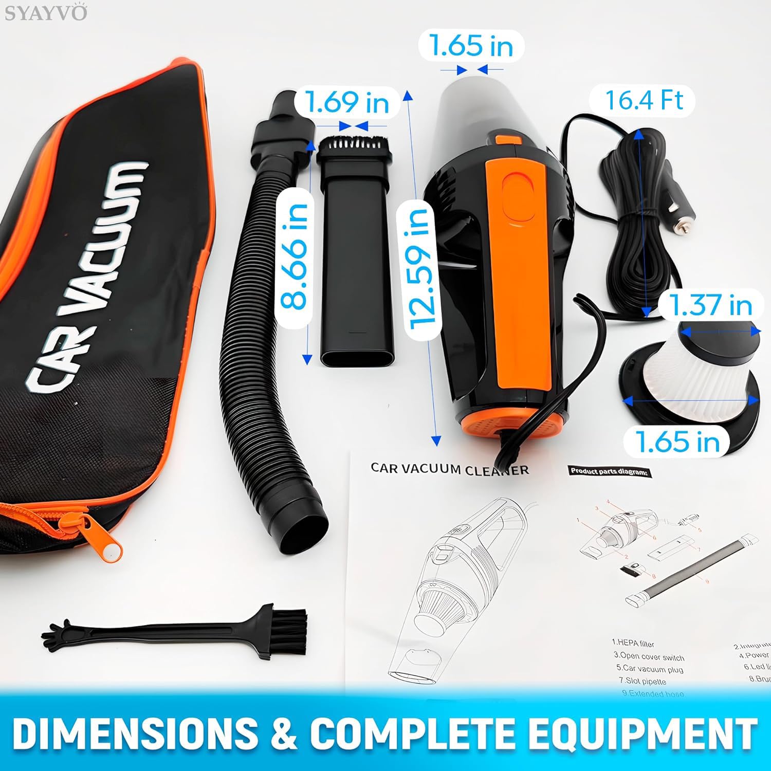 SYAYVO 8000PA Powerful Portable Car Vacuum Cleaner - 12V DC Corded Handheld Vacuum with LED Light & 16.4ft Hose | Includes Multiple Attachments for Car Detailing, Home & Office Cleaning | Ideal Gift for Men & Women