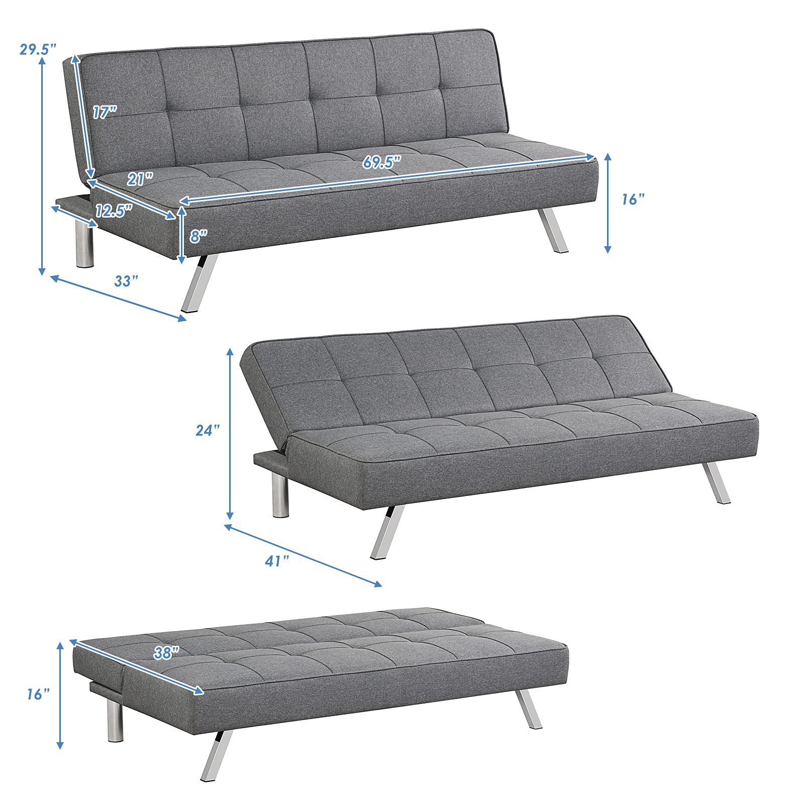 POWERSTONE Convertible Futon Sofa Bed - Gray Linen Fabric Sleeper Couch with Chrome Legs | Space-Saving Living Room Furniture for Small Apartments, Guest Rooms & Home Offices