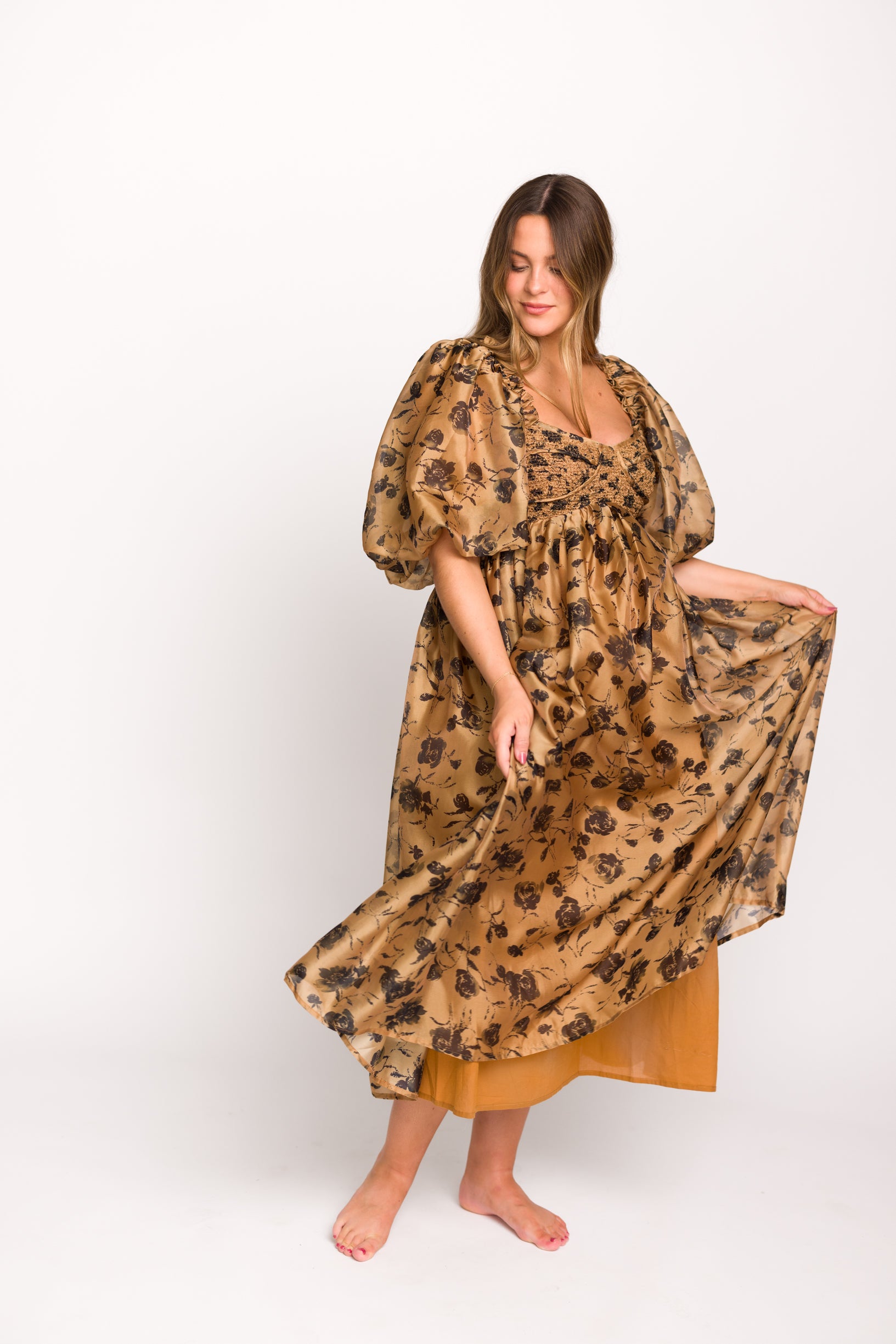 Elegant Harlow Camel & Black Floral Maxi Dress with Stretchy Neckline - Bump Friendly Maternity Dress for Women (Restocking Early Fall) | Perfect for Weddings, Baby Showers & Special Occasions