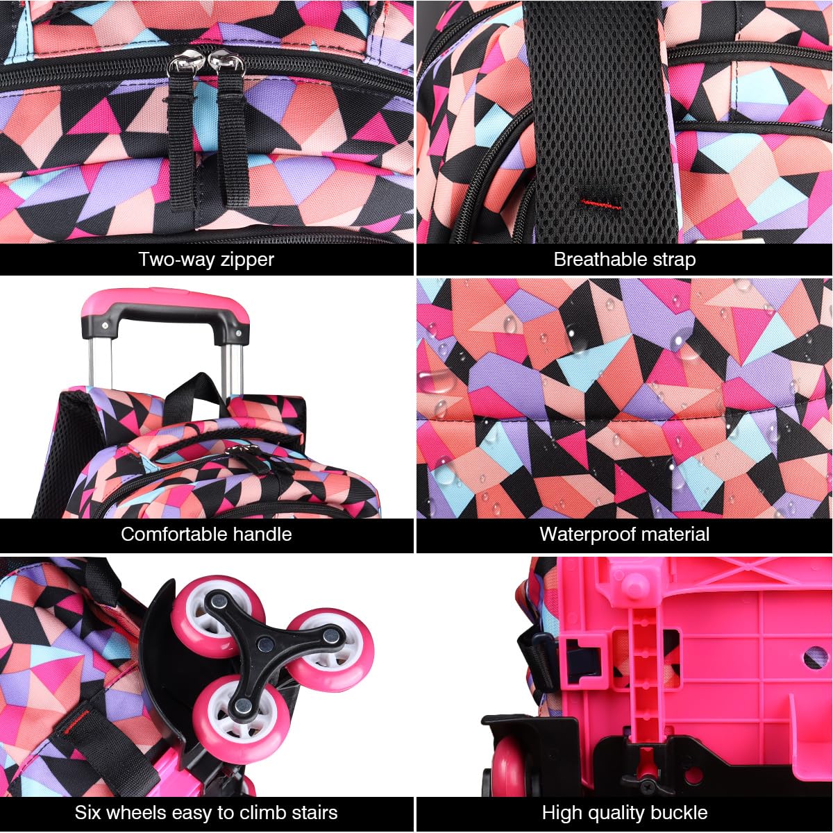 Rolling Backpack for Girls - Waterproof Trolley School Bag with 6 Wheels & Stair-Climbing Design, Black | Perfect for School, Travel & Outdoor Adventures