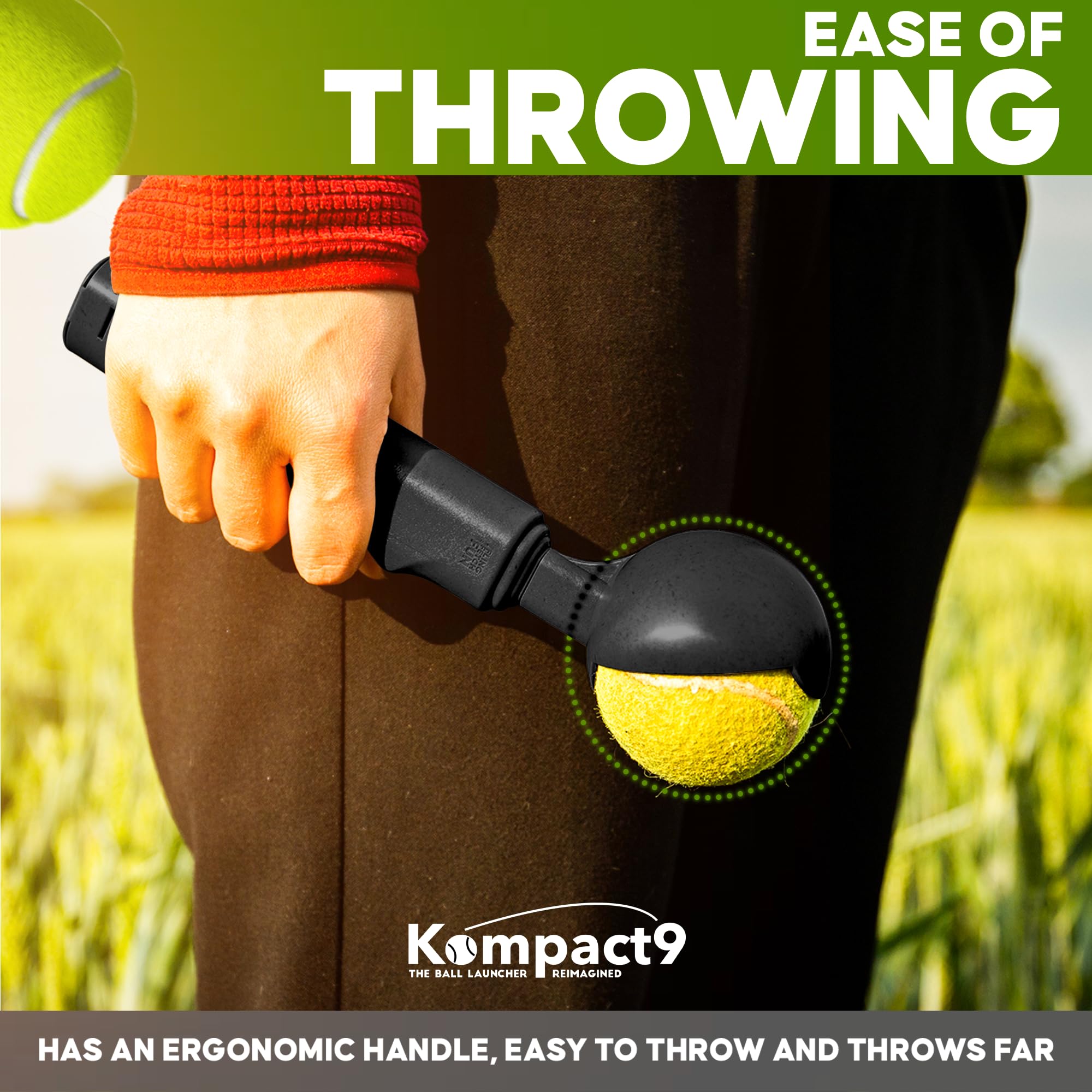 Kompact9 Retractable Pocket-Sized Dog Ball Launcher - Eco-Friendly Portable Fetch Toy for Dogs, Made from Recycled Plastic, UK Designed, Fits Standard Tennis Balls - Perfect for Outdoor Play, Park Exercise & Backyard Training | Black