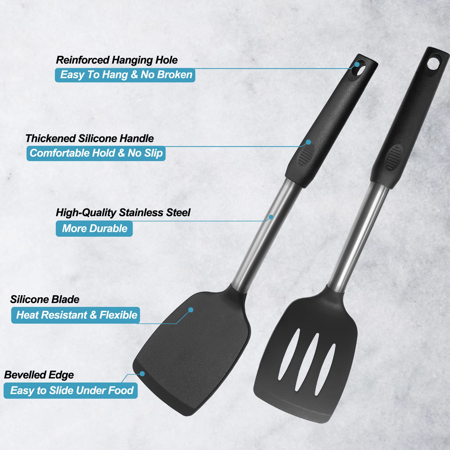 2-Pack Silicone Spatula Set - Solid & Slotted Stainless Steel Handle Non-Stick Turner - Heat Resistant Rubber Spatulas for Cooking, Baking, Flipping Fish, Eggs & Pancakes - Perfect for Woks, Frying Pans & Kitchen Utensils