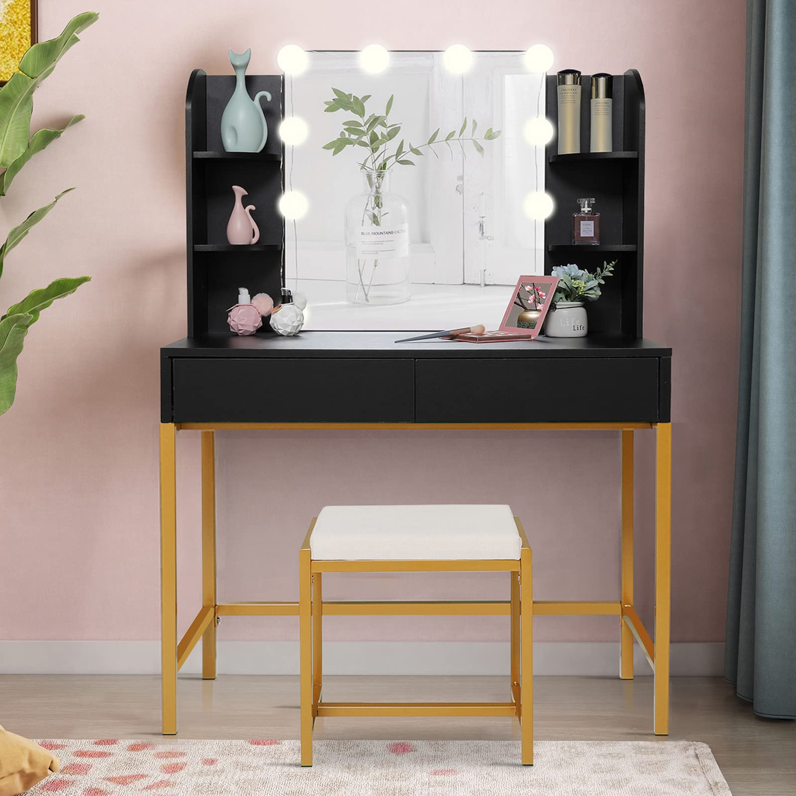 USIKEY 10 LED Light Vanity Makeup Desk with Mirror, 2 Drawers & 6 Storage Shelves - Gold-Black Dressing Table Set with Cushioned Stool for Women & Girls | Perfect for Bedroom, Dorm Room, and Beauty Salon Makeup Application