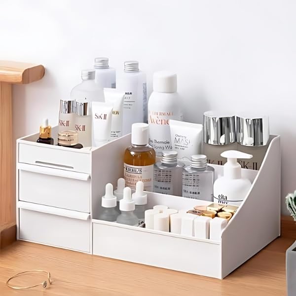 DAOME Cosmetic Organizer Box with Drawers - Plastic Makeup Storage Organizer for Vanity, Bathroom & Travel | Beauty Accessories Organizer for Women | Perfect for Cosmetics, Jewelry & Stationery Storage