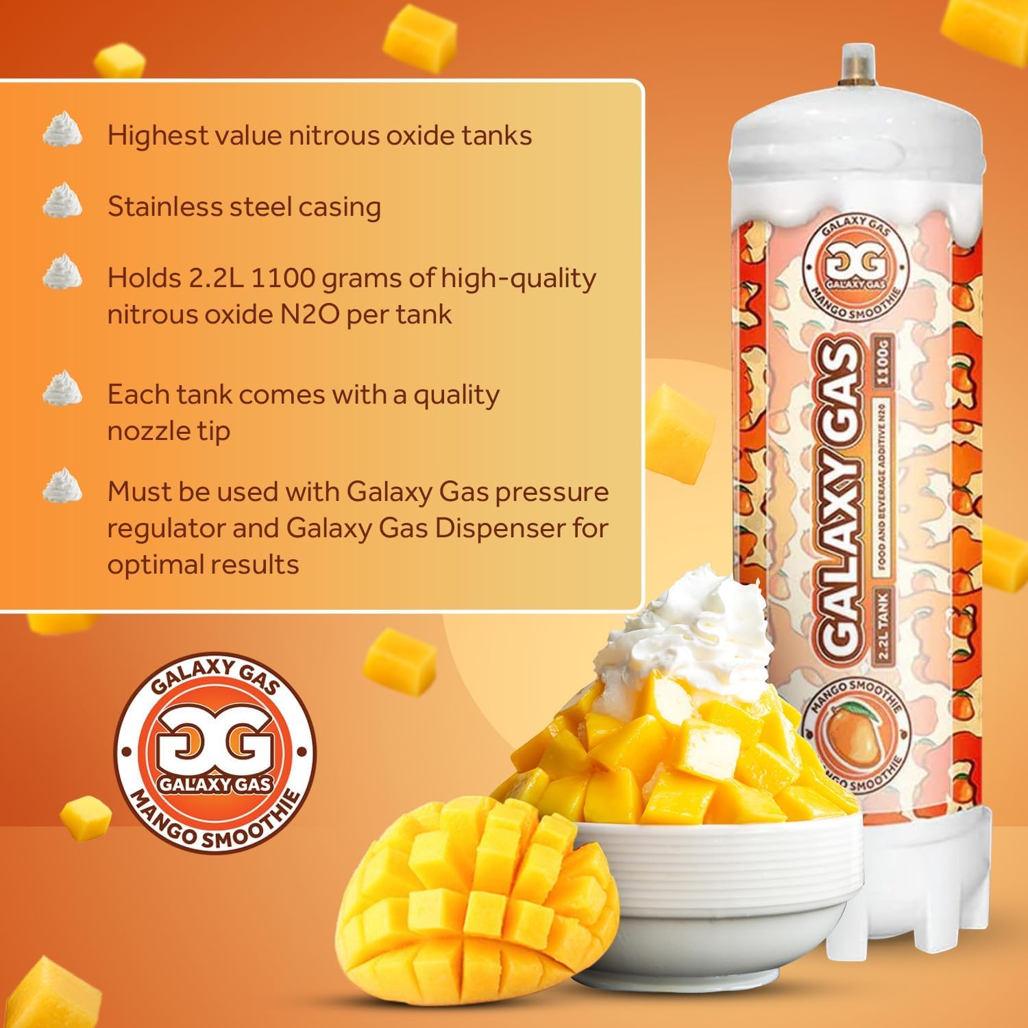 Premium Galaxy Gas Mango Smoothie Flavored Whipped Cream Charger - 1100g (2.2L) N2O Cream Charger with Nozzle - Perfect for Professional Desserts, Home Baking & Cocktail Garnishing - 1-Pack (1 Tank + 1 Nozzle)