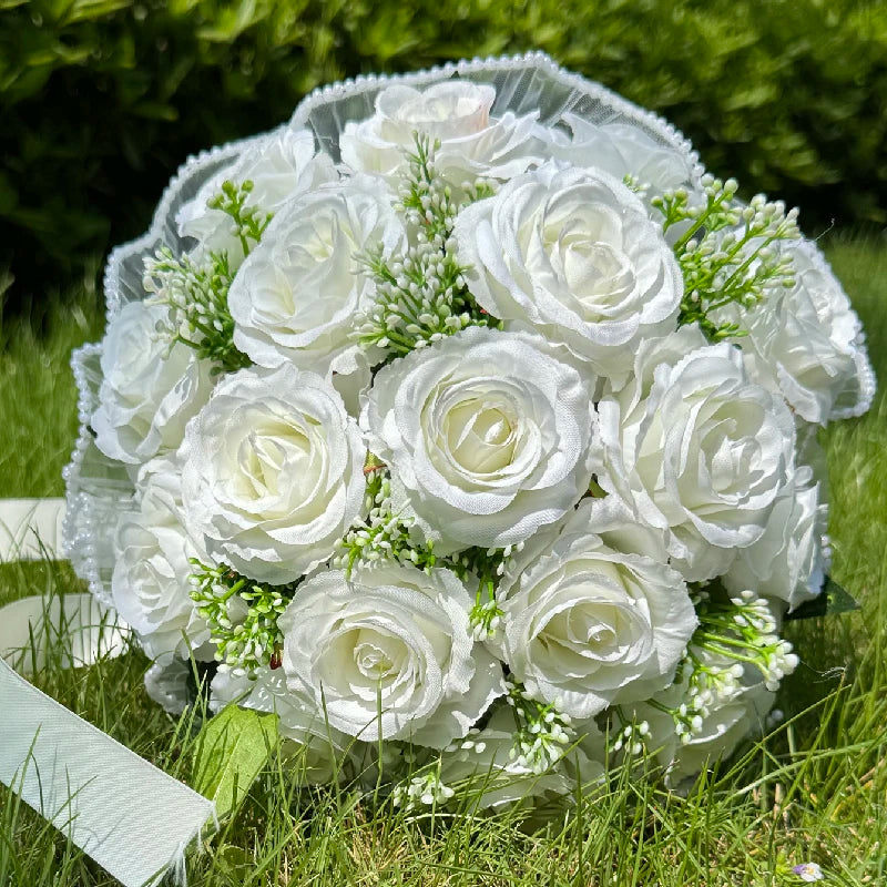 Elegant Silk Rose Bridal Bouquet with Pearl & Lace Accents - Perfect for Weddings, Bridesmaids & Anniversary Celebrations