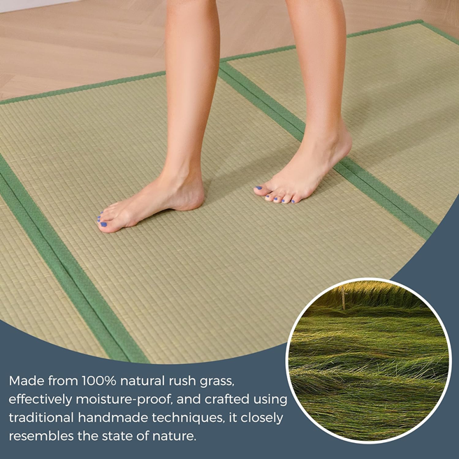 MAXYOYO Japanese Tatami Mat - 100% Natural Rush Grass, Portable & Foldable Futon Mattress for Floor Sleeping | Traditional Firm Floor Bed | Perfect for Meditation, Yoga, Guest Room & Small Space Living