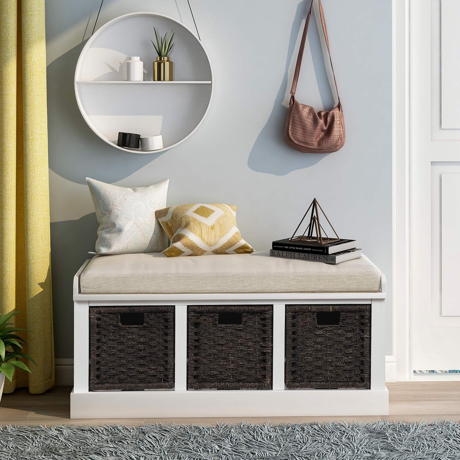 Rustic Storage Bench with 3 Basket Drawers - Entryway Shoe Bench with Cushioned Seat for Hallway, Mudroom & Living Room - Farmhouse Style Entry Bench (Off-White) - Perfect for Organizing Shoes, Toys & Home Decor in Small Spaces
