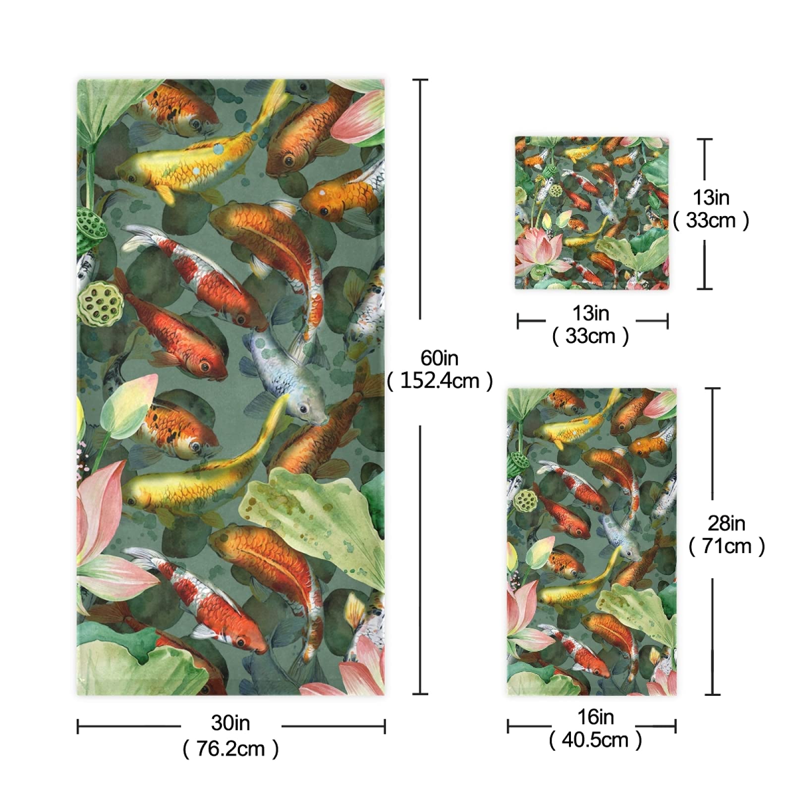 3-Piece Koi Fish with Flower Bath Towel Set - Soft Absorbent Bath, Hand & Wash Cloths for Bathroom, Hotel, Spa | Luxury Home Decor, Beach & Gym Essentials