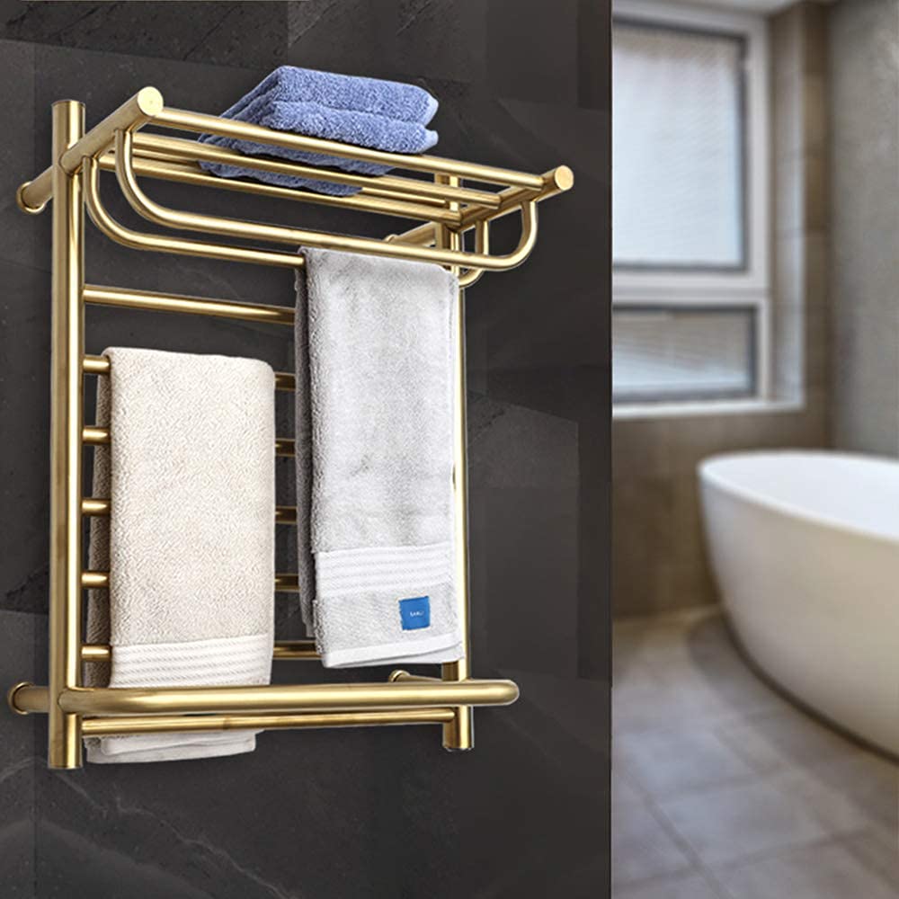 APUM Electric Heated Towel Rack - 80W Wall Mounted Bathroom Towel Warmer with 13-Hour Timer, Polished Stainless Steel (Gold Plug-in) - Perfect for Spa-Like Luxury & Cozy Bathroom Experience