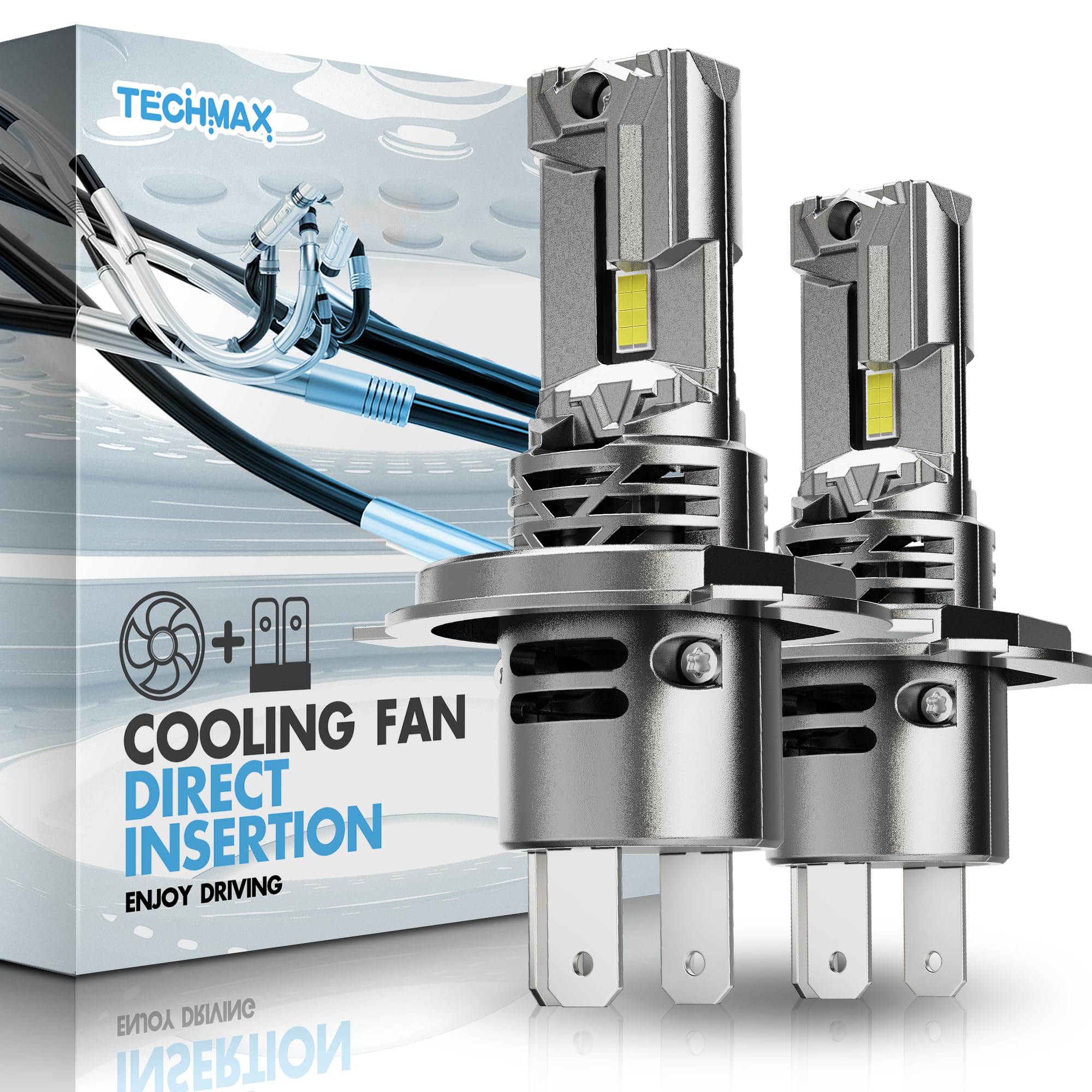 TECHMAX H4 LED Bulbs 800% Brighter 6500K Xenon White - H4 9003 HB2 Fog Light Bulbs with 16000RPM Cooling Fan - Pack of 2 - Perfect for Off-Road, Night Driving & Foggy Conditions