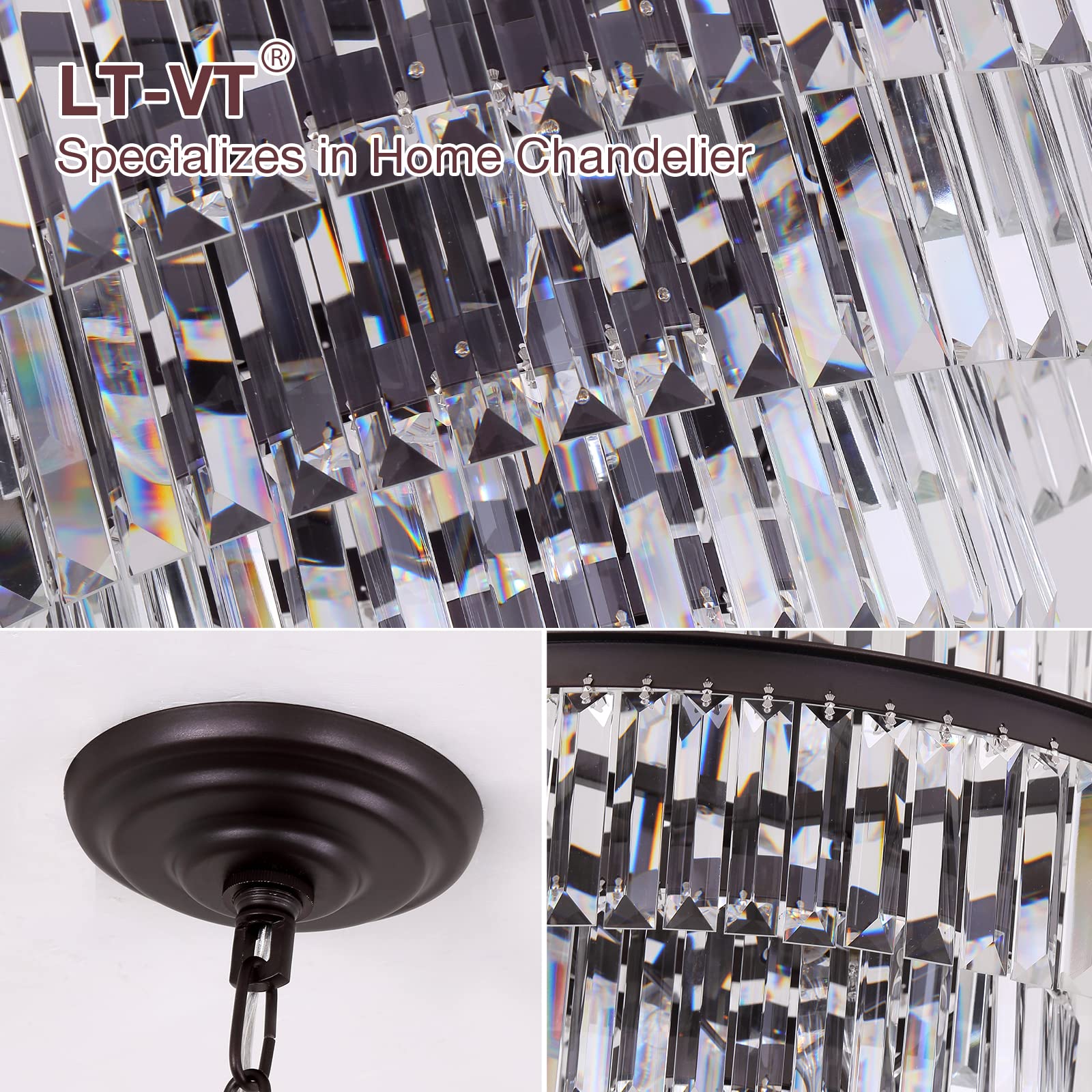 Modern Crystal Chandelier - 20 Inch Round 4-Tier Pendant Ceiling Light Fixture in Brown for Dining Room, Living Room | Elegant Home Lighting for Weddings, Restaurants & Luxury Interiors