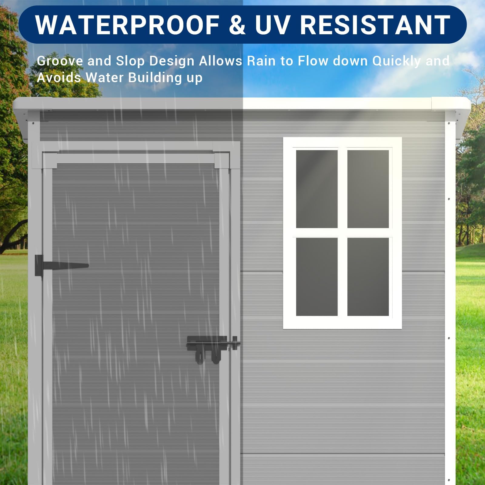 5x3FT Outdoor Storage Shed with Floor - Waterproof Plastic Tool Shed with Lockable Door & Window for Bike, Garbage Cans & Garden Accessories (Grey & White) - Perfect for Backyard, Patio & Garage Organization