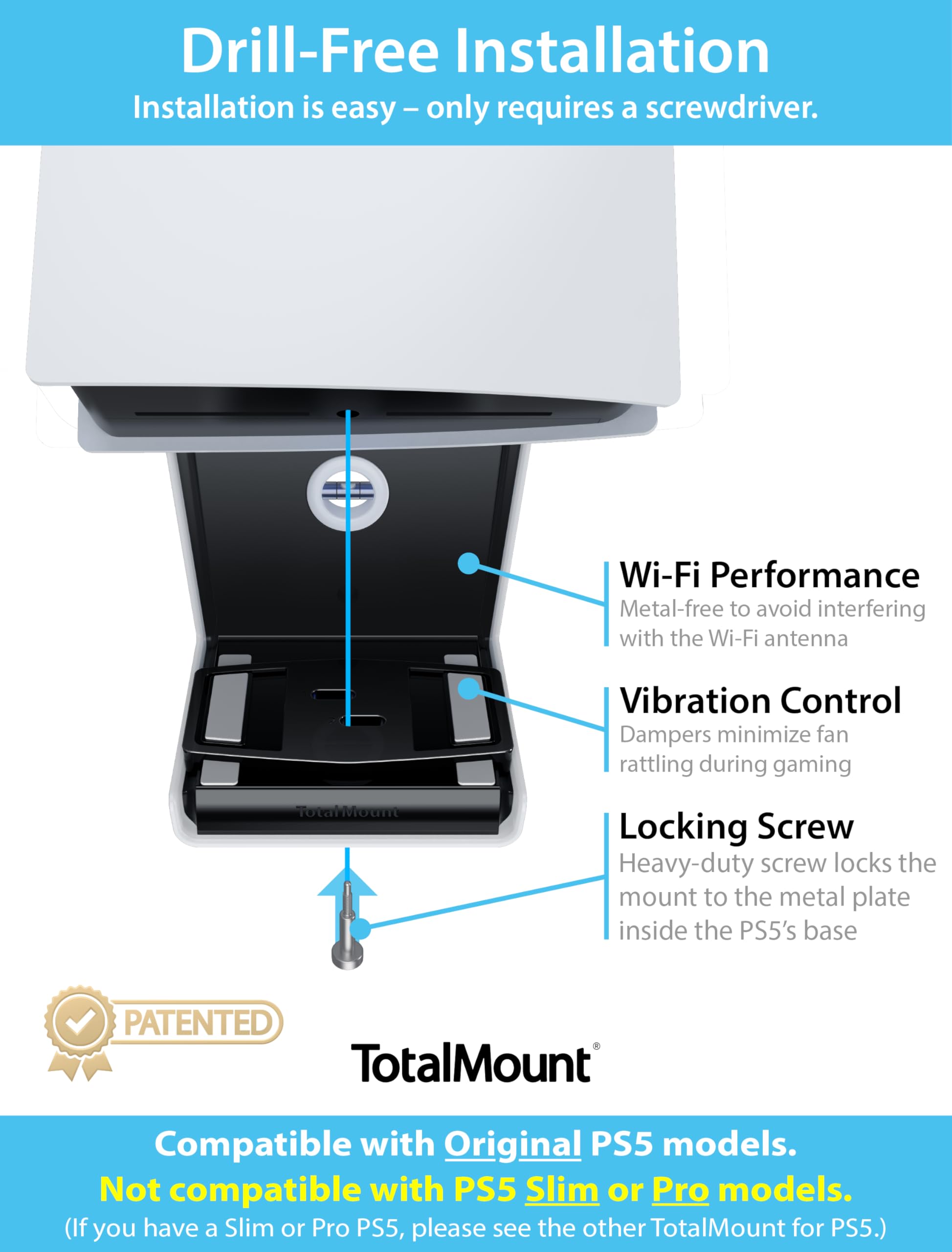 Original PS5 Mount by TotalMount - Secure Wall Mount for PlayStation 5 (Not Compatible with PS5 Slim/Pro) - Perfect for Gaming Rooms & Home Entertainment Setup