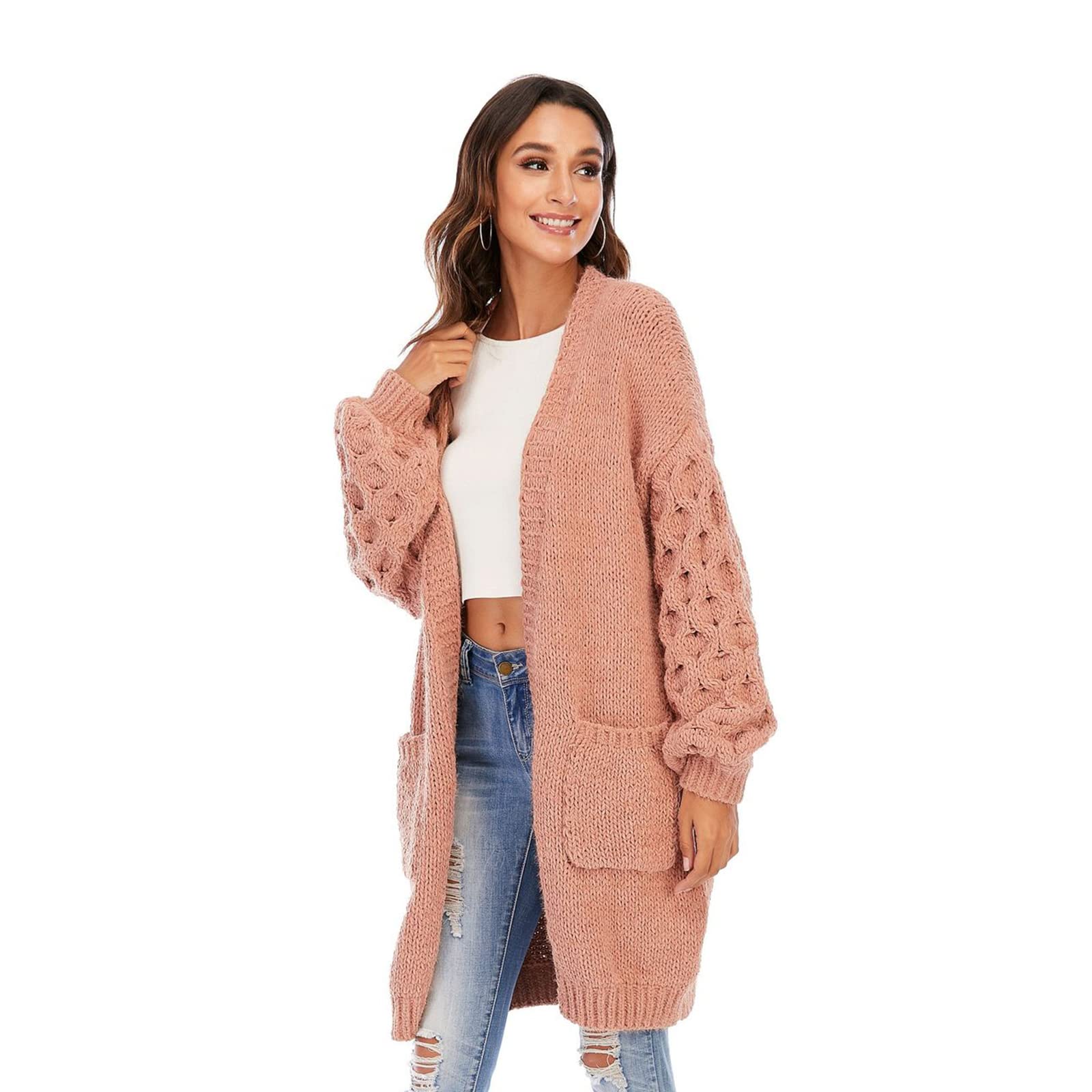 Women's Solid Color Knit Jacket - Thick Twist Sweater Cardigan with Lantern Sleeves, Loose Fit Casual Wear (M/L Size, Rust Red) | Perfect for Fall Layering, Office Outfits & Weekend Coffee Dates