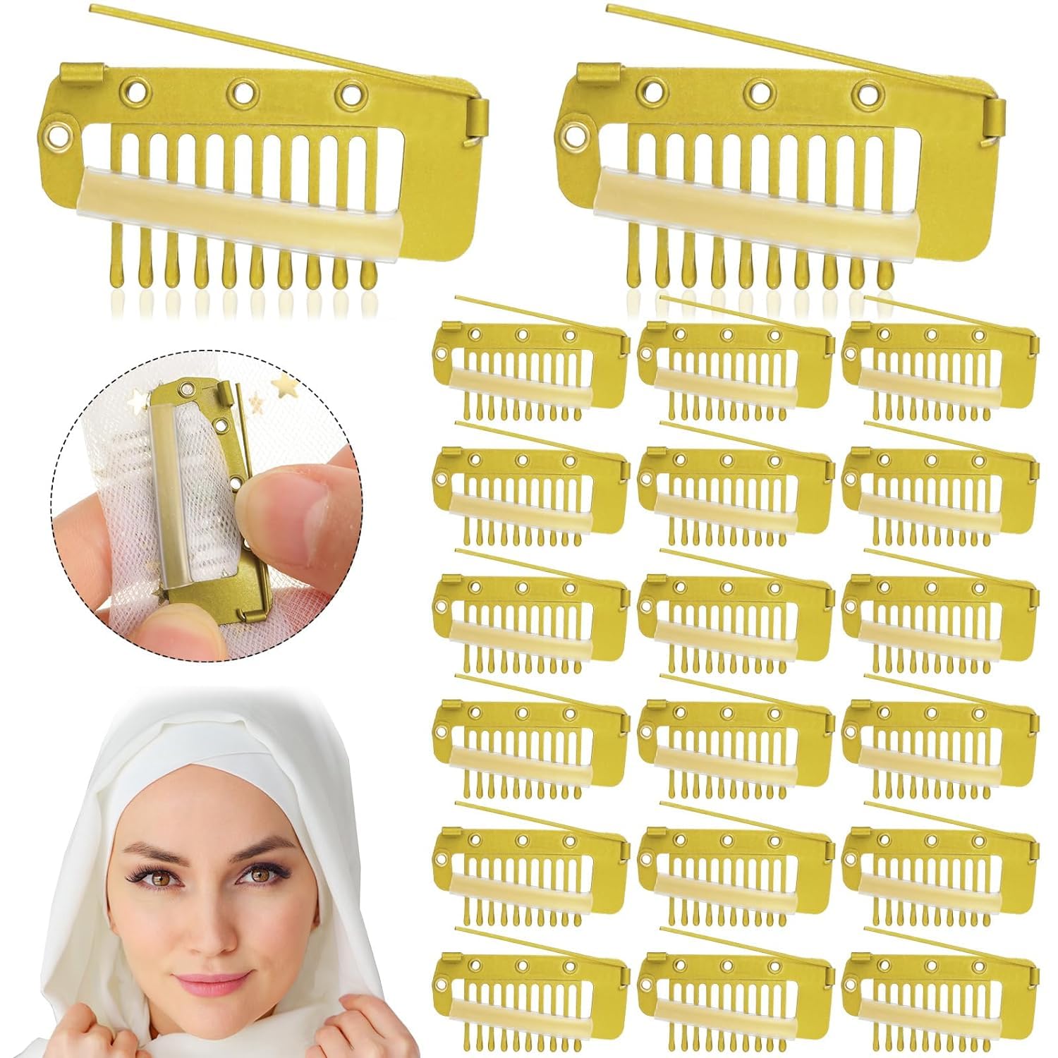 ADRONISH 4-Piece Strong Grip Wig Clips with Safety Pins - 10 Teeth Dupatta Hair Extension Clips for Women (Gold & Black) - Perfect for Securing Wigs, Dupattas, and Hair Extensions for Daily Wear or Special Occasions