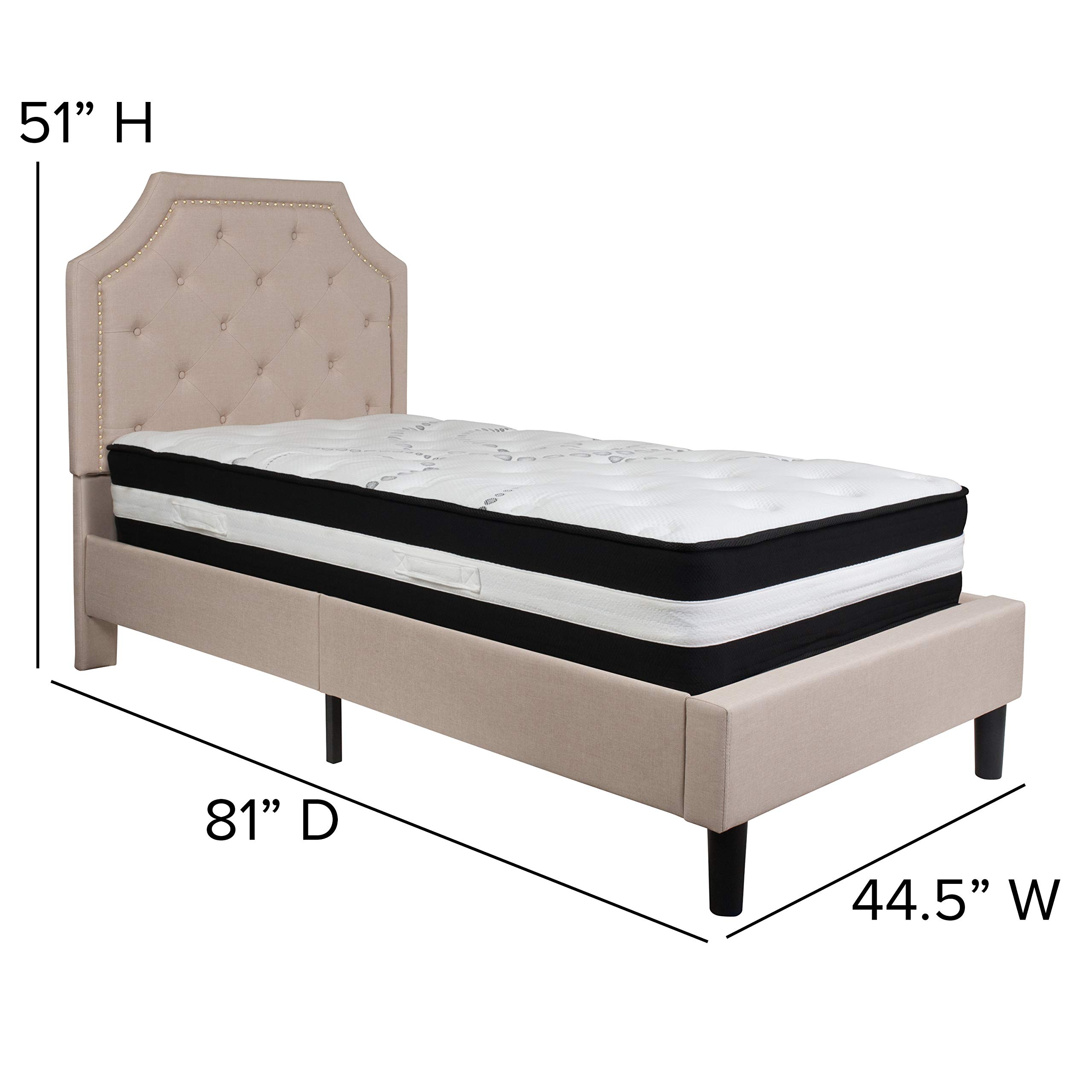 Flash Furniture Brighton Twin Size Tufted Upholstered Platform Bed with Pocket Spring Mattress - Beige Fabric Bed Frame for Small Spaces, Guest Rooms & Kids Bedrooms