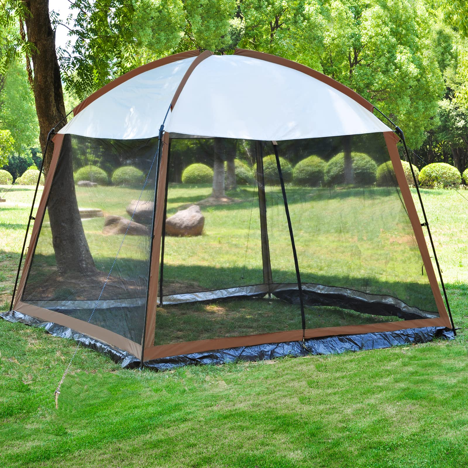 GREGIN 11x11 Ft Screen House - Mesh Net Wall Camping Canopy Tent Shelter Gazebo for Outdoor Activities | Easy Setup, Waterproof & Durable | Perfect for Backyard, Patio, Picnics & Camping Trips (Coffee)