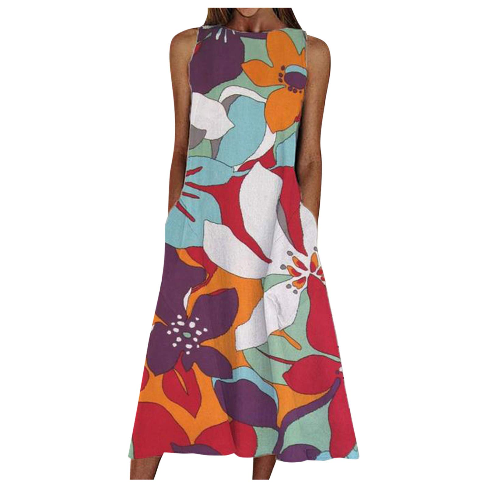 Floral Print Maxi Dress for Women - Round Neck Swing Summer Dress with Pockets, Beach Holiday & Vacation Outfit