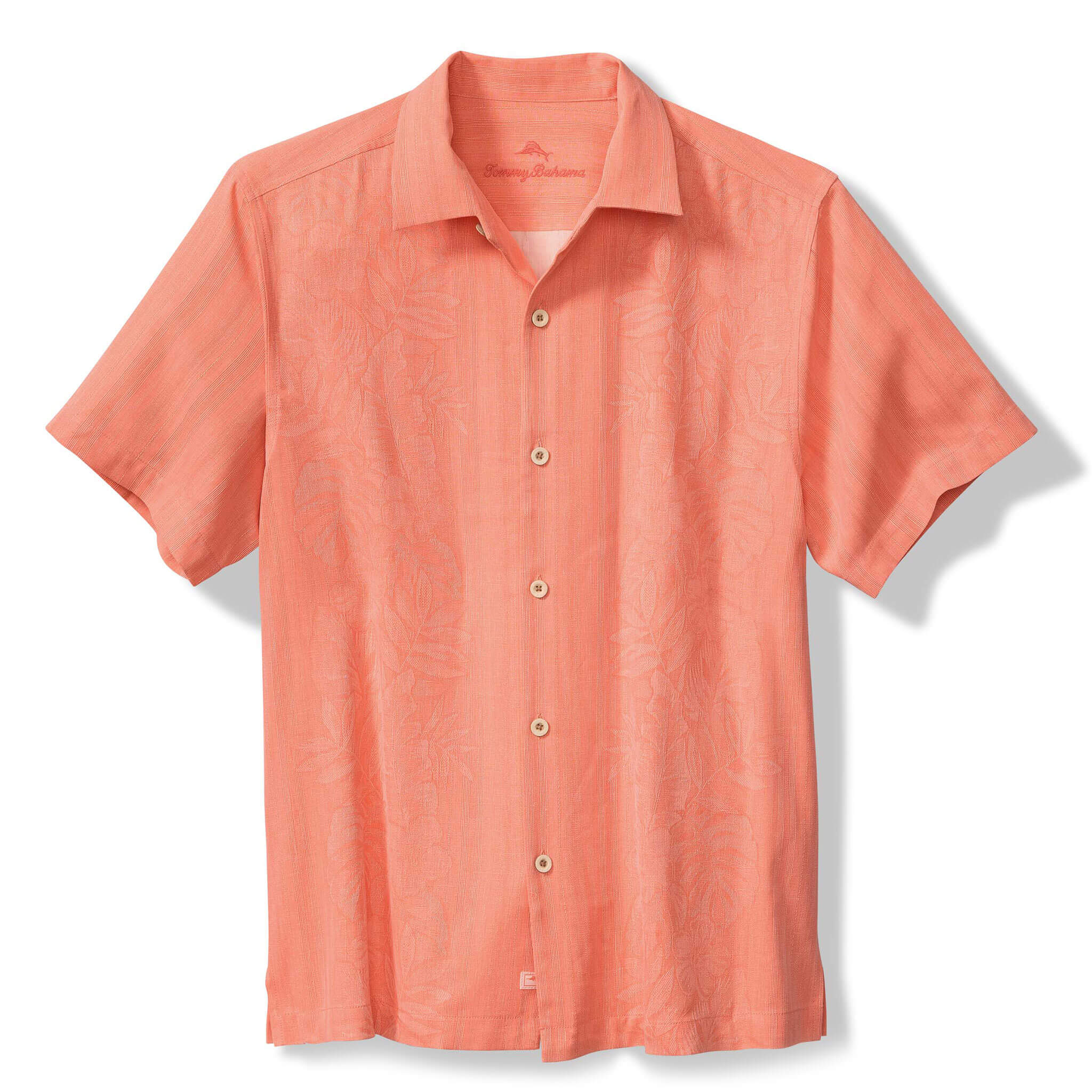 Tommy Bahama Men's Maui Border Silk Camp Shirt - Bright Peach Hawaiian Style Short Sleeve Button Up Shirt for Summer Beach Vacation & Tropical Getaways