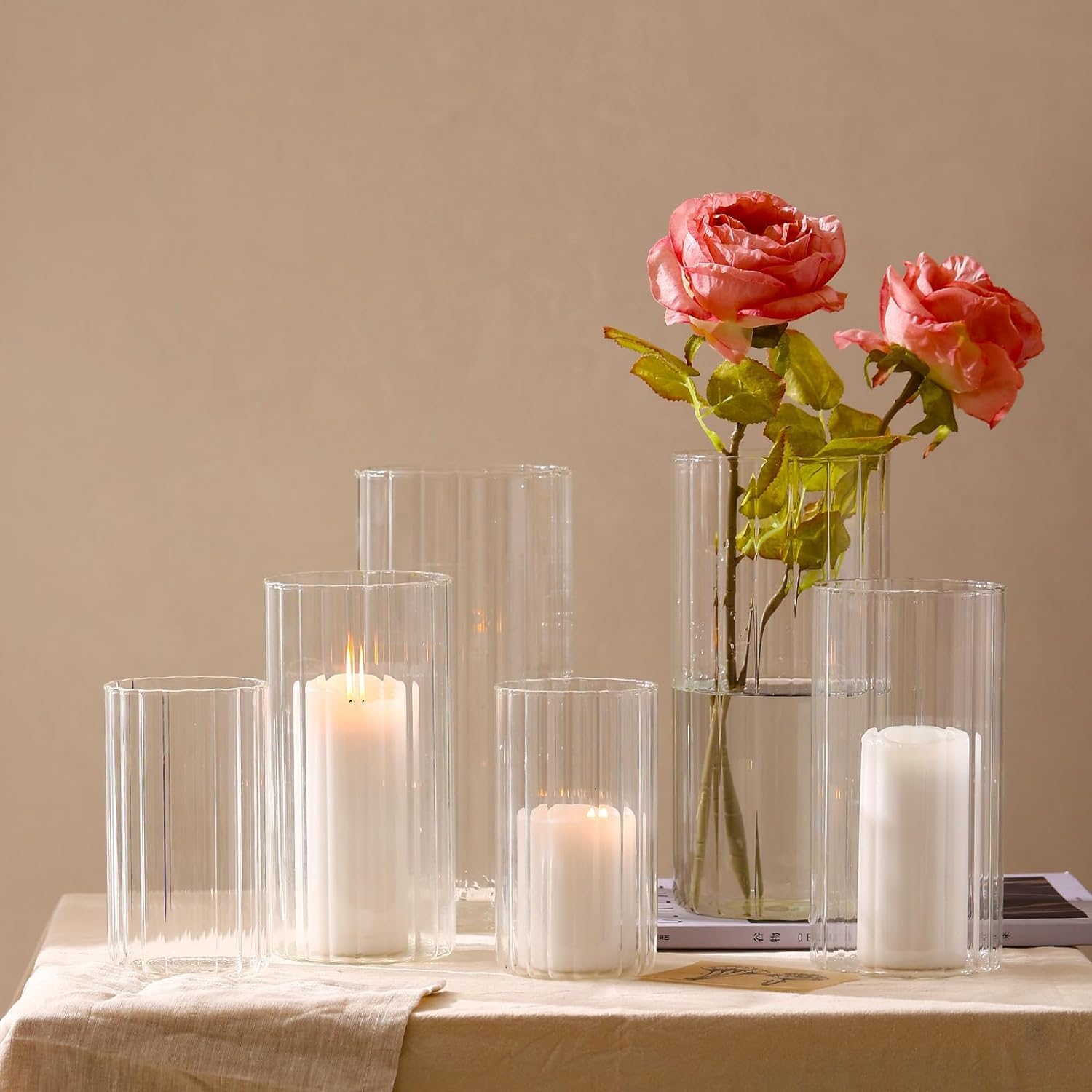 9-Piece Ribbed Glass Hurricane Candle Holders Set - 6'', 8'', 10'' Tall Cylinder Vases for Pillar Candles - Elegant Centerpieces for Weddings, Dining Tables & Home Decor