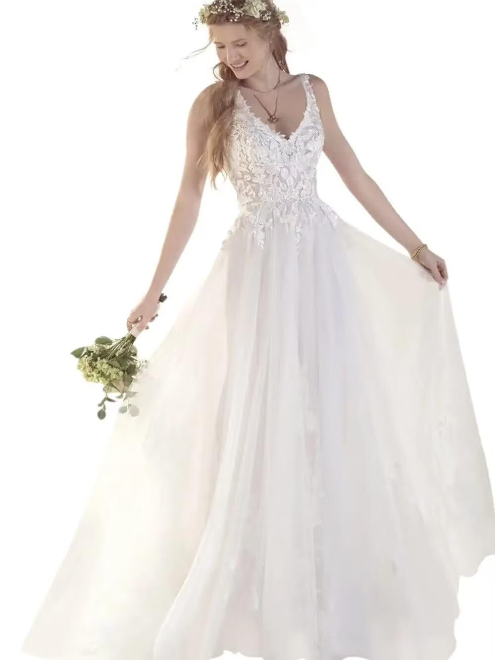Elegant Romantic Lace Wedding Dress for Bride 2024 | Spaghetti Straps A-Line Tulle Gown | Bohemian Beach Bridal Gown for Women | Perfect for Beach Weddings, Garden Ceremonies & Boho Chic Vow Renewals