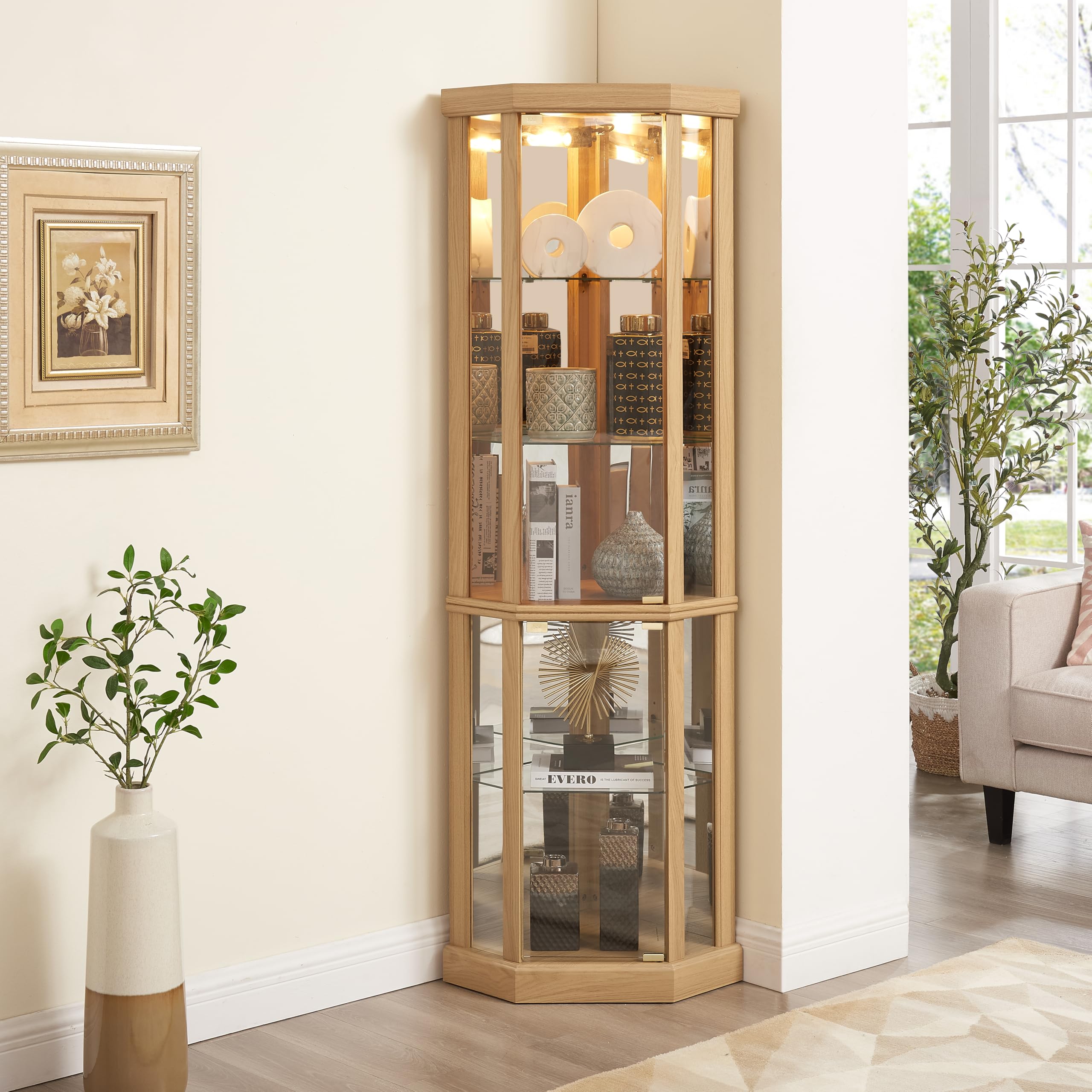 Corner Curio Cabinet with LED Lights - Glass Display Case for Living Room, Antique & Wine Collection Storage - Light Oak Finish - Perfect for Home Decor, Barware Display & Collectibles Showcase