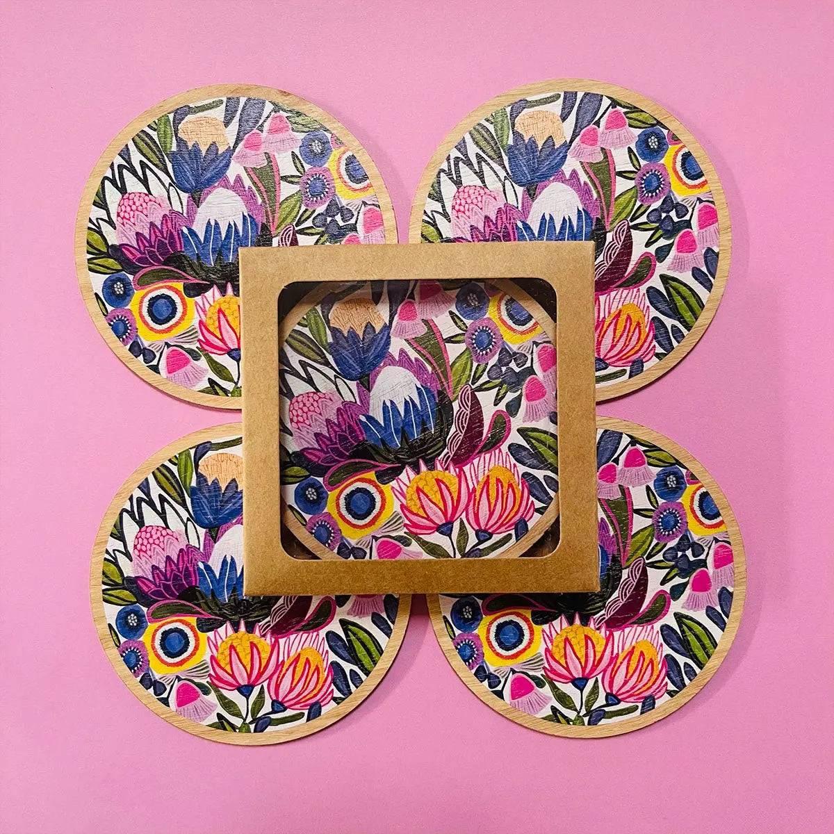 Premium Protea Magnifica Wooden Coasters & Napkin Holder Set - Elegant Table Decor for Dining, Kitchen, and Home Entertaining