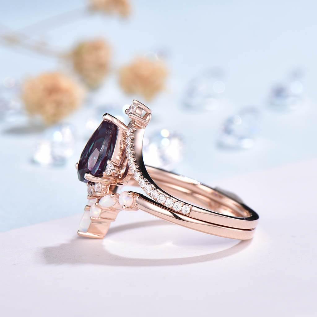 Art Deco Style Alexandrite & Opal Engagement Ring Set - 2 Piece Vintage Bridal Jewelry for Weddings & Anniversaries