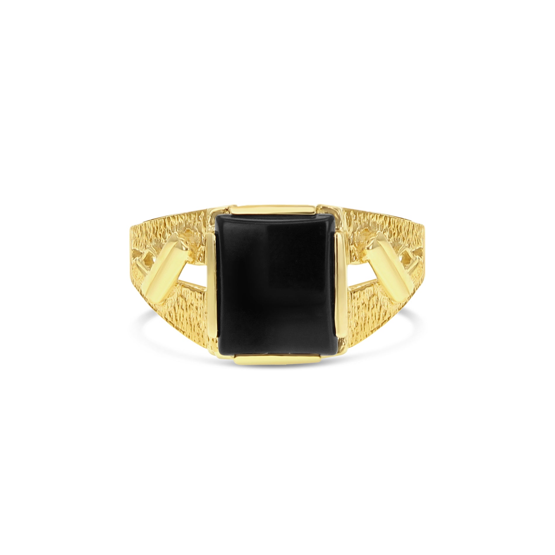 14K Yellow Gold Men's Square Onyx Ring with Gun Design - Stylish Statement Jewelry for Gifts, Weddings & Everyday Wear