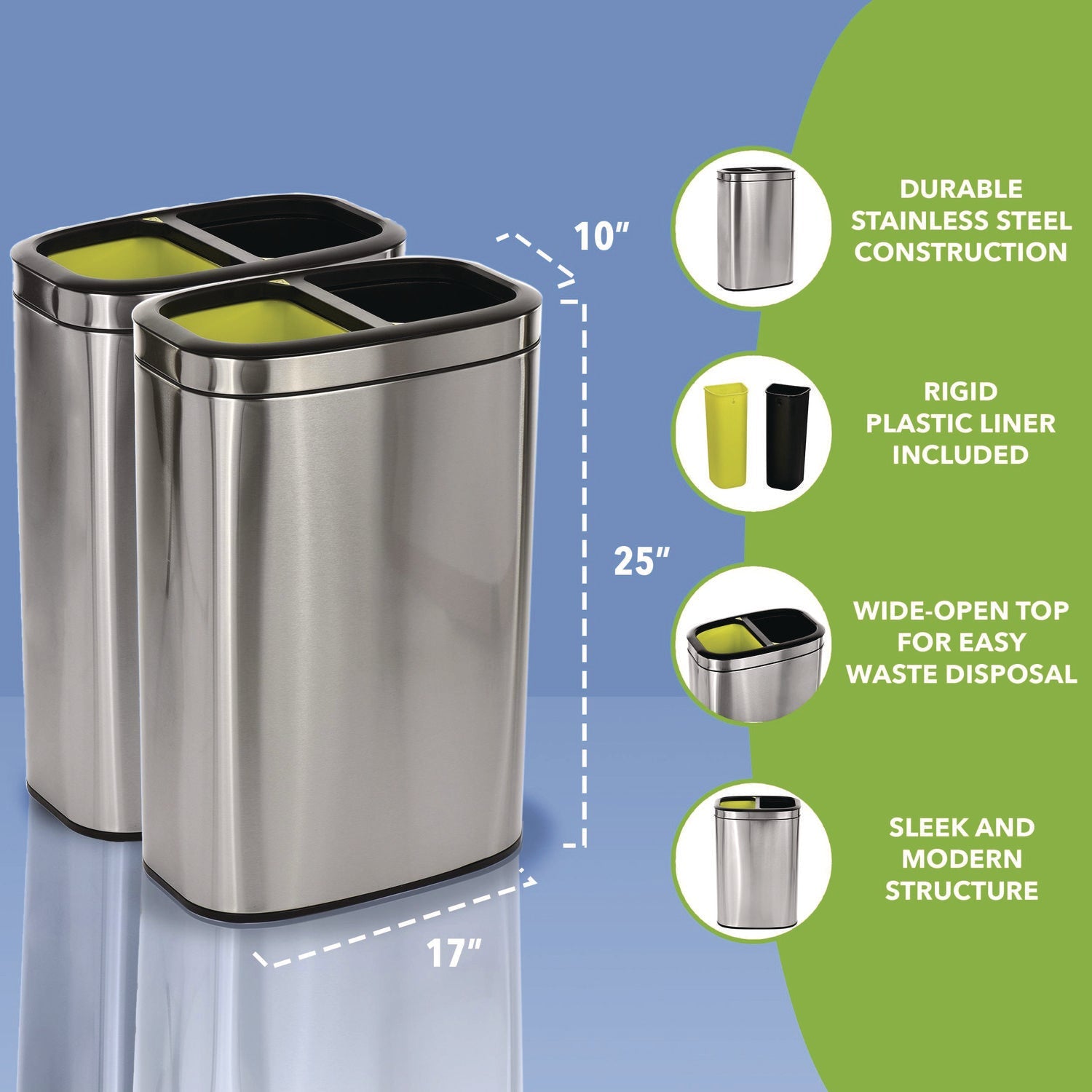 Alpine Industries 10.5 Gallon Stainless Steel Dual Compartment Trash Can with Open Top - Perfect for Kitchen, Office, and Commercial Use