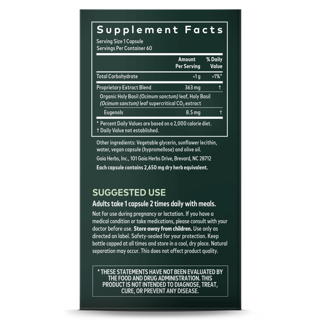 Gaia Herbs Holy Basil Liquid Phyto Capsules - 60 Count, Vegan & Vegetarian Supplement for Stress Relief & Immune Support - Perfect for Daily Wellness & Ayurvedic Rituals