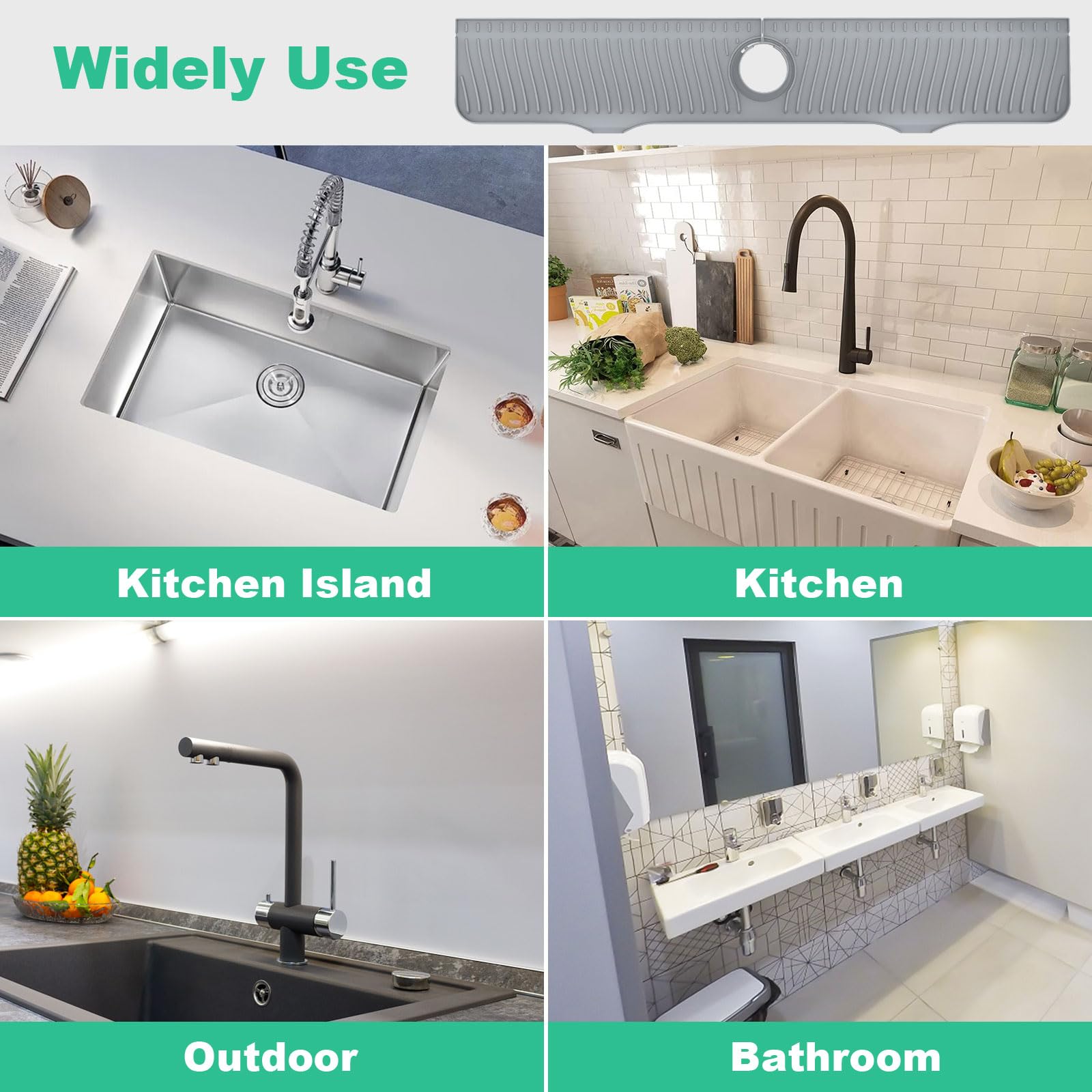 32 Inch Stainless Steel Sink Splash Guard - Non-Slip Kitchen Sink Drying Mat & Countertop Faucet Drip Catcher Tray with Sponge Holder (Gray) - Perfect for Dish Drying, Counter Protection & Kitchen Organization