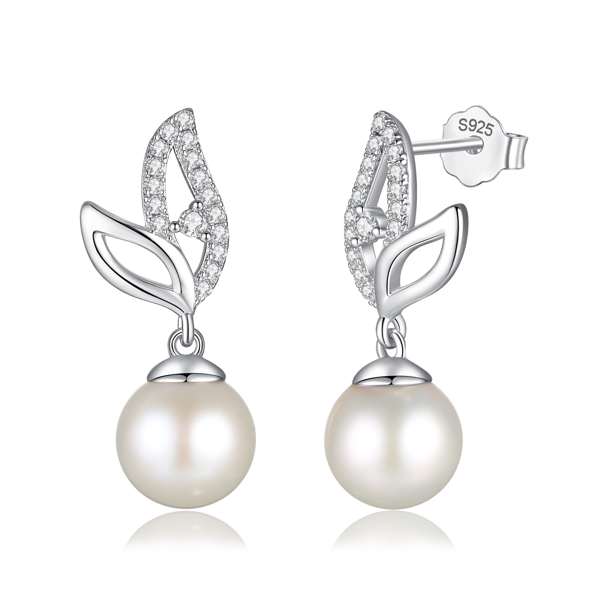 FANCIME 925 Sterling Silver Leaf Pearl Stud Earrings for Women - Genuine 8.5-9mm Freshwater Cultured Pearls, Dangle Earrings, Elegant Pearl Jewelry Gift for Birthday, Wedding & Special Occasions