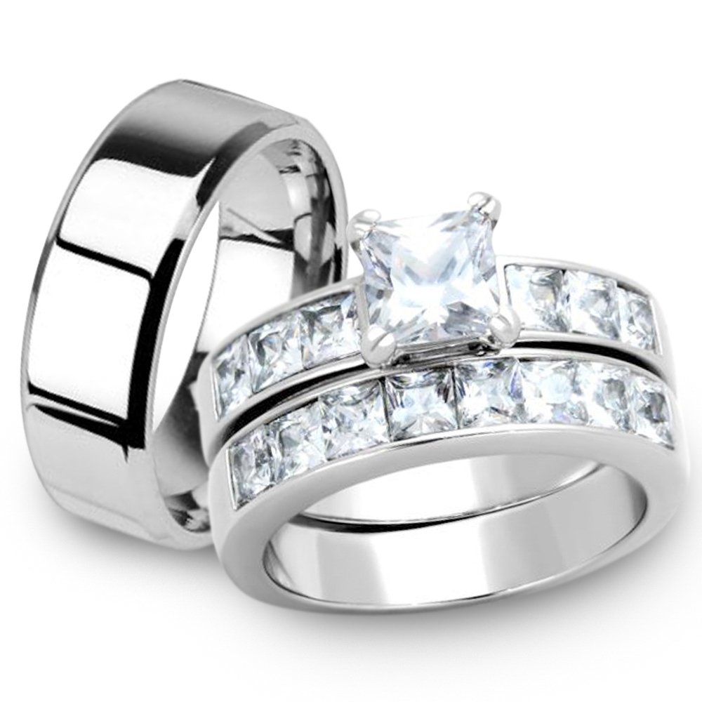 His & Her Wedding Ring Set - Stainless Steel Engagement Bands for Couples