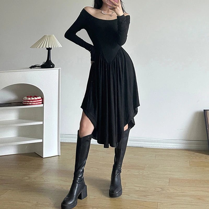 Elegant Black Off-Shoulder Asymmetrical Party Dress for Women - Midi Pleated Club Dress with Solid Color & Folds - Perfect for Autumn Events, Night Out & Special Occasions