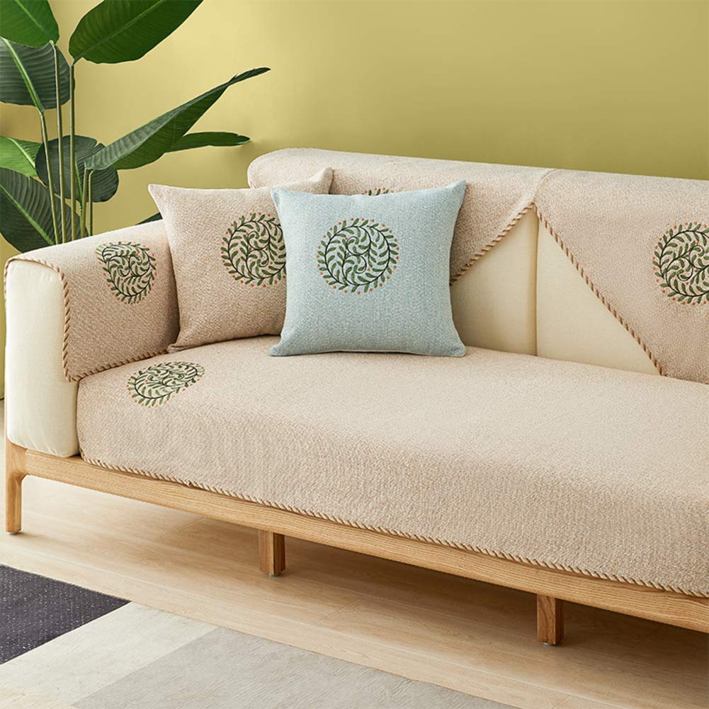 European Linen Quilted Sofa Cover - Anti-Slip Sectional Couch Protector with Embroidery, Washable All-Season Pet-Friendly Sofa Throw (43x94 inches/110x240cm) - Perfect for Living Room, Sectional Sofas & Home Decor