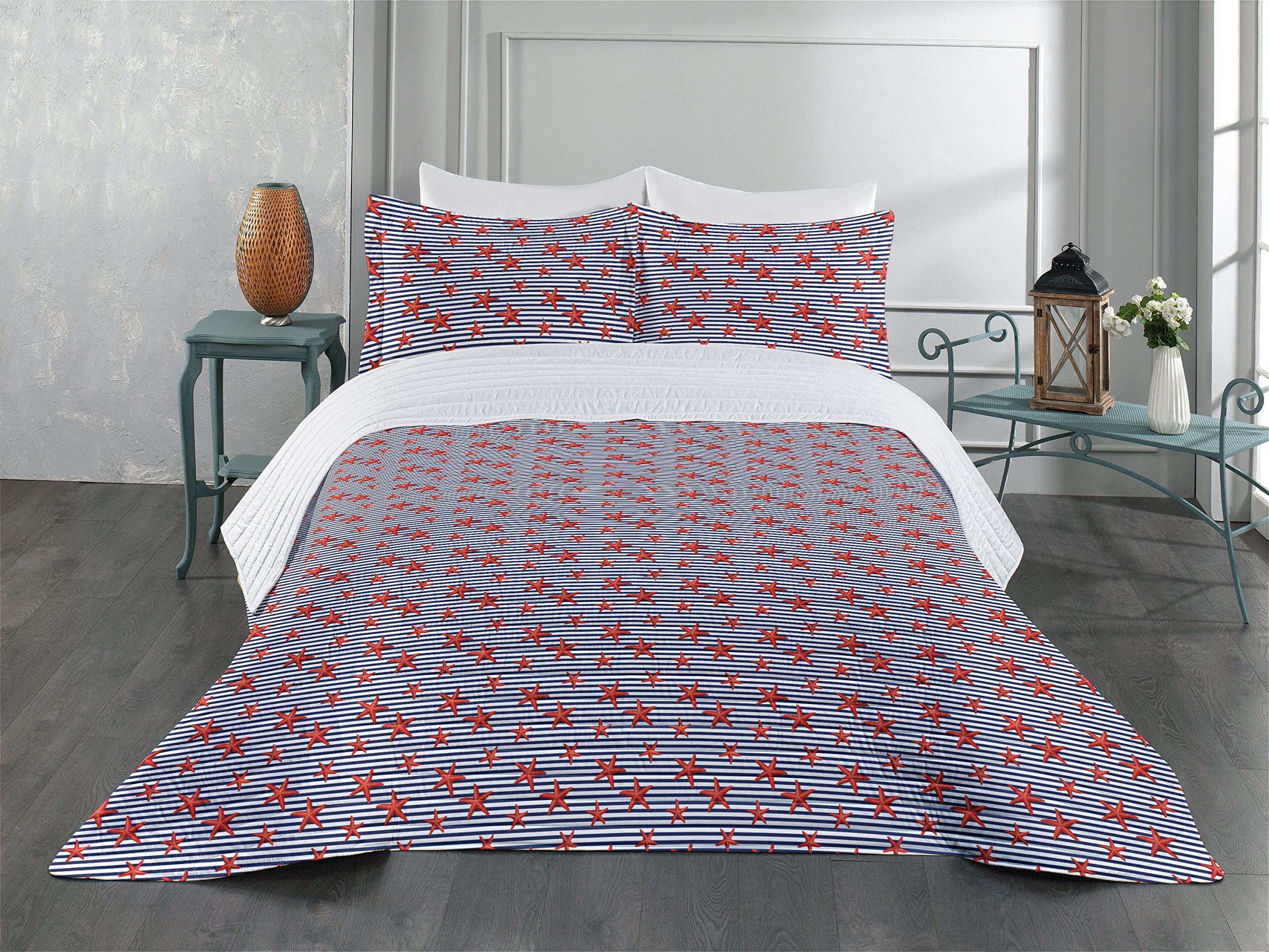 Ambesonne Starfish Microfiber Bedspread Set - Navy White Red Striped Maritime Theme with Pillow Shams & Comforter, King Size | Soft Coastal Bedding for Beach House Decor, Guest Room & Nautical Nursery