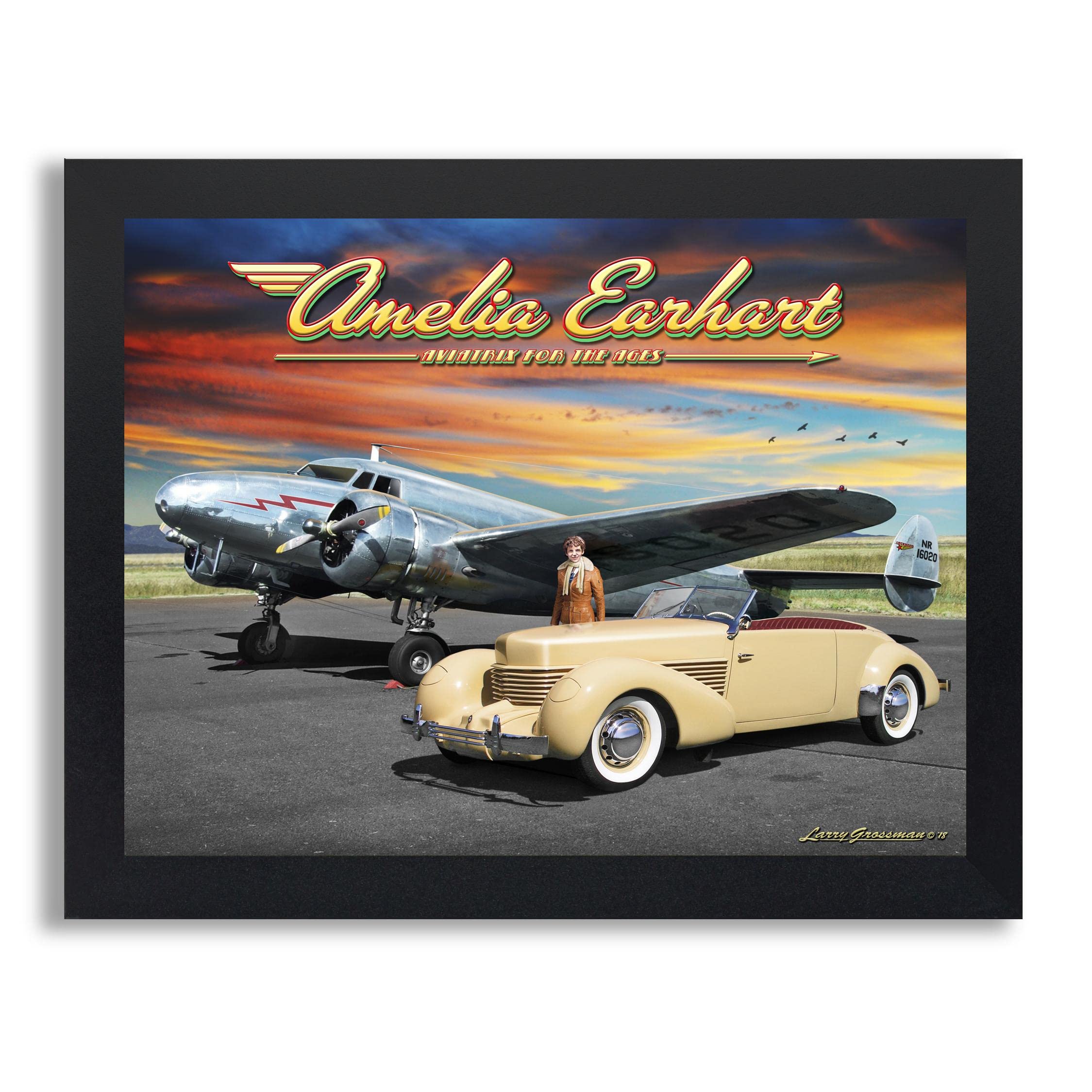 Vintage Amelia Earhart Airplane Framed Wall Art Print - Classic Aviation Decor for Home & Office - Larry Grossman Artwork - Perfect Gift for Bedroom, Living Room & Office Walls - Ideal for Aviation Enthusiasts & History Lovers
