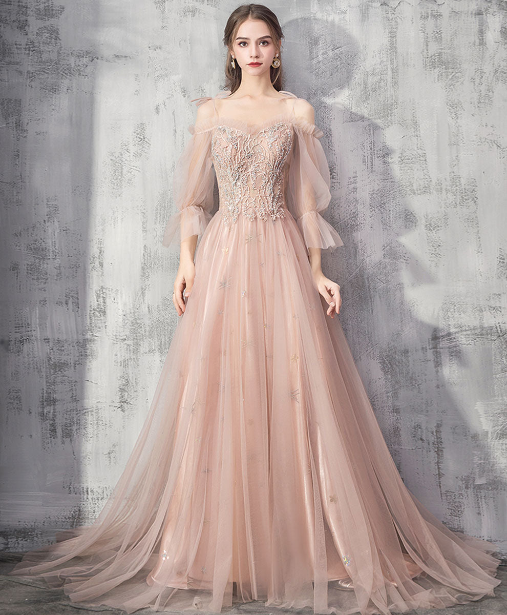Elegant Champagne Tulle Lace Long Prom Dress for Formal Evening Events - Perfect for Homecoming, Quinceañera & Wedding Parties