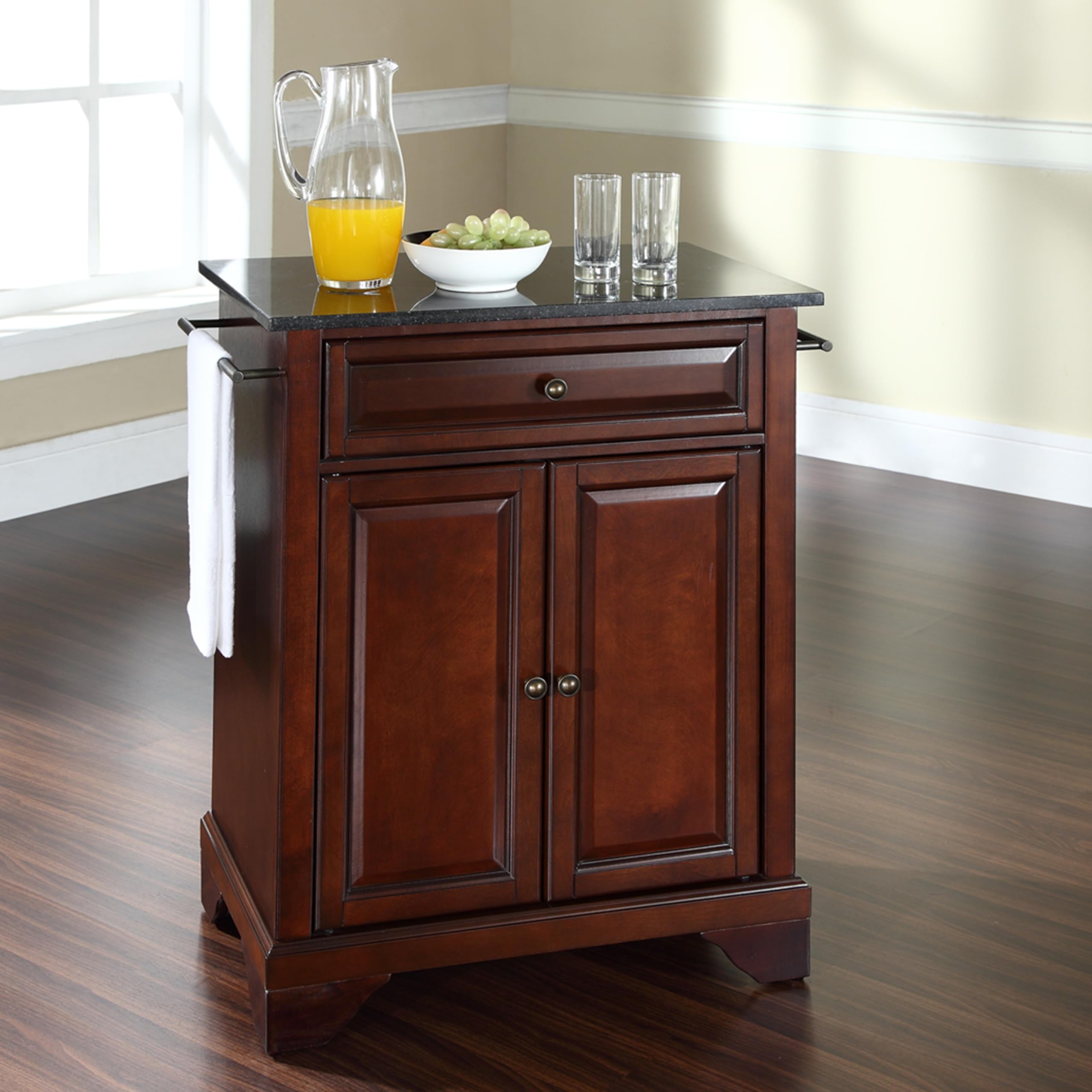 Crosley LaFayette Granite Top Portable Kitchen Island Cart with Wheels - Microwave Stand, Storage Cabinet, Mahogany Finish for Small Spaces | Perfect for Apartments, Dorms & Compact Kitchens