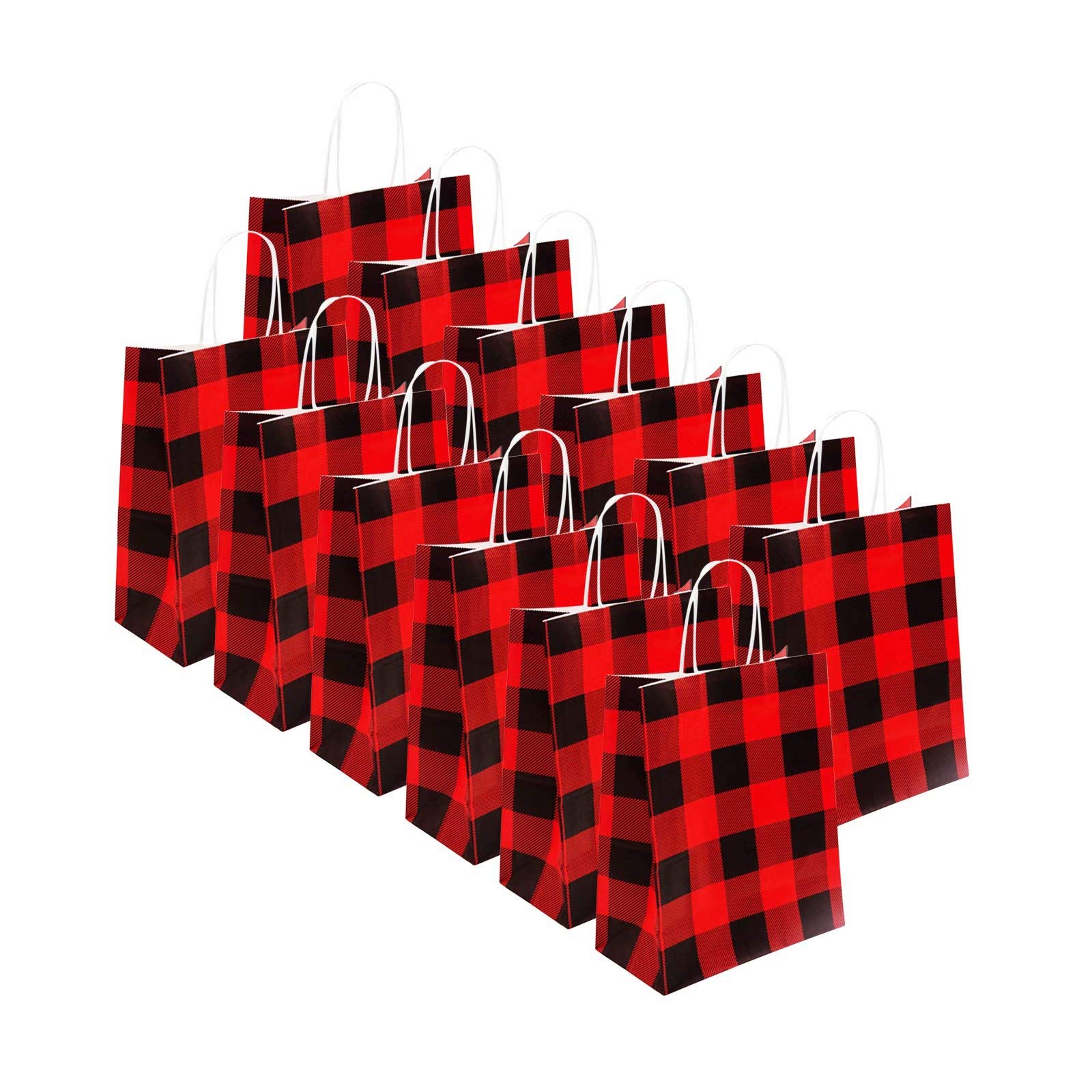 12-Pack Red and Black Buffalo Plaid Kraft Paper Gift Bags with Handles - 100% Recyclable Christmas Party Wedding Favor Bags for Retail Shopping Gifts & Holiday Decorations | Perfect for Christmas Presents, Birthday Parties, Bridal Showers and Corporate Events