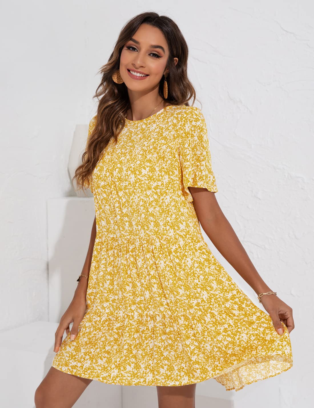 Locachy Women's Floral Printed Pleated Mini Dress with Ruffle Sleeves - Summer Round Neck Casual Dress for Beach, Party & Date Night